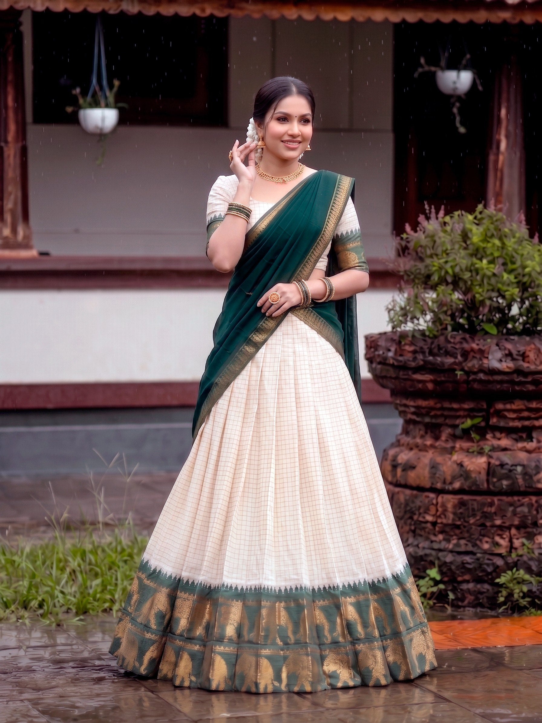 Poly Cotton Chex Zari Weaving Lehenga Choli in Cream and Pink