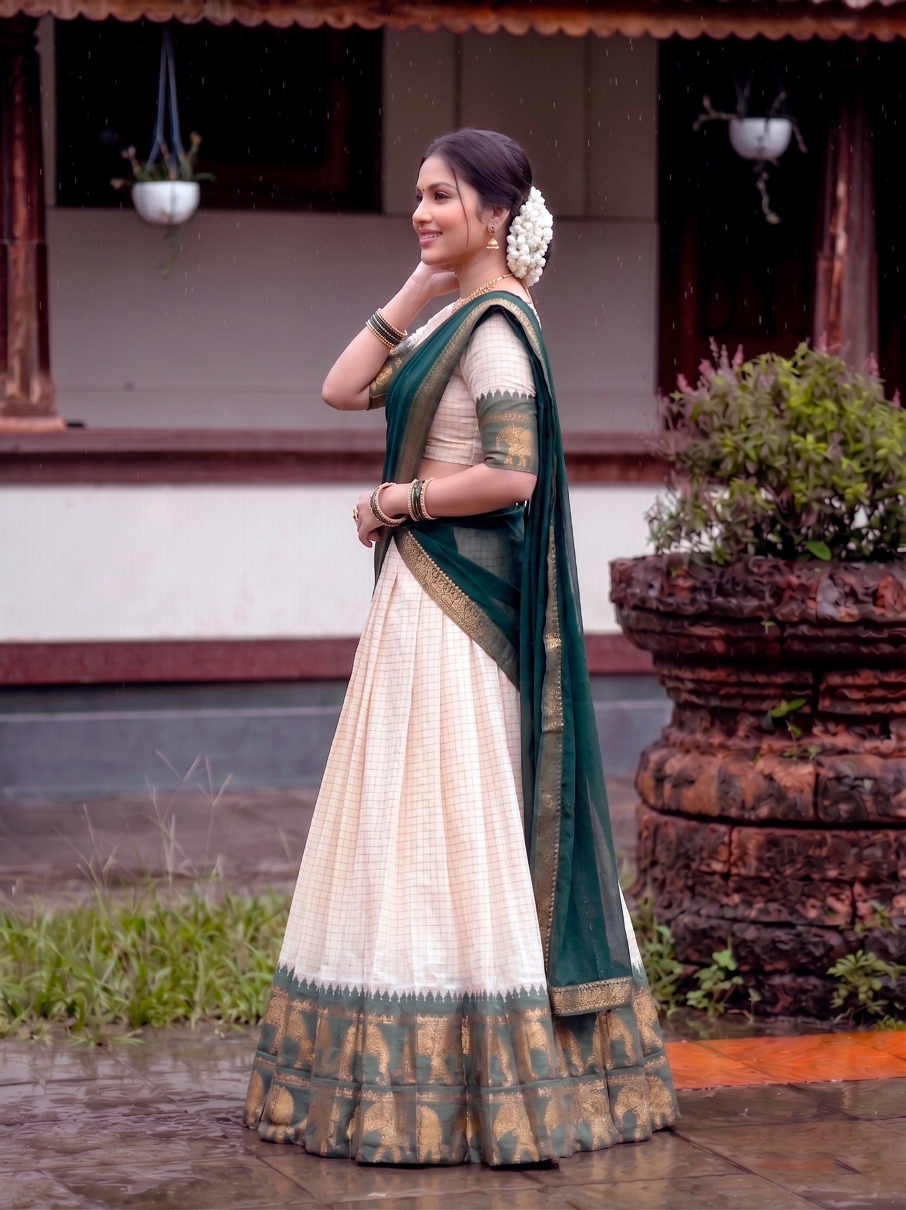 Poly Cotton Chex Zari Weaving Lehenga Choli in Cream and Pink