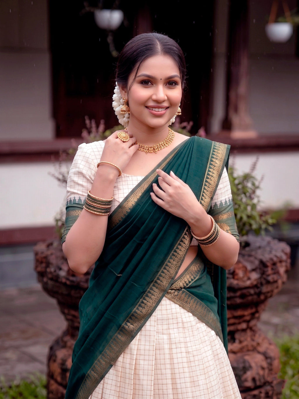 Poly Cotton Chex Zari Weaving Lehenga Choli in Cream and Pink