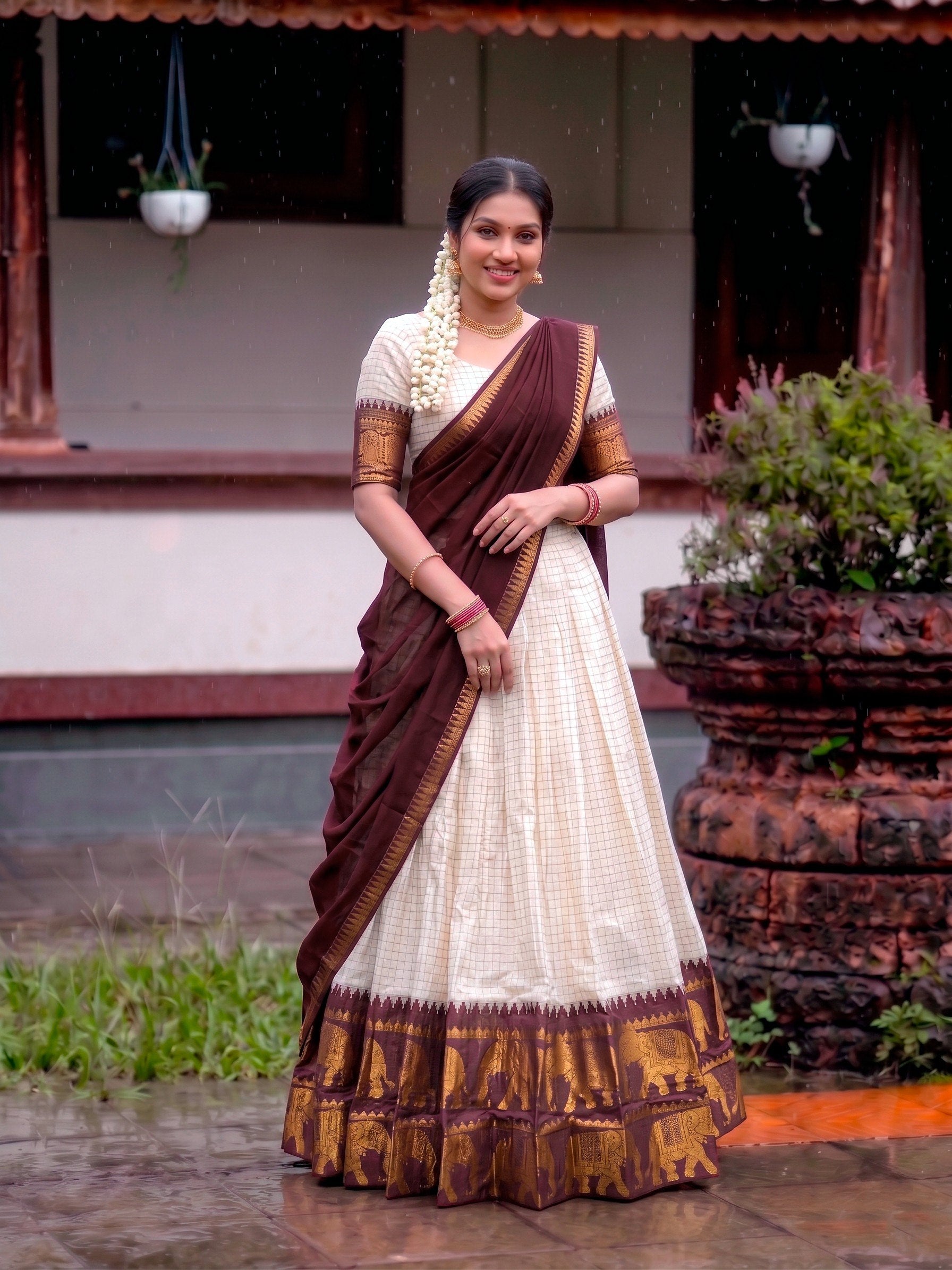 Poly Cotton Chex Zari Weaving Lehenga Choli in Cream and Pink
