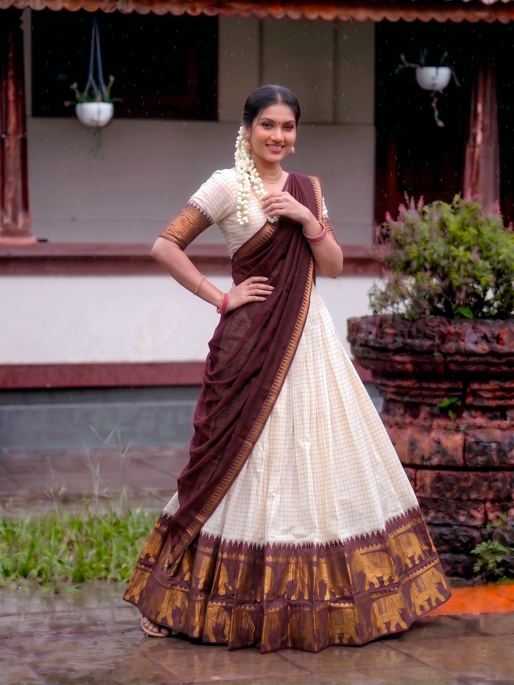 Poly Cotton Chex Zari Weaving Lehenga Choli in Cream and Pink
