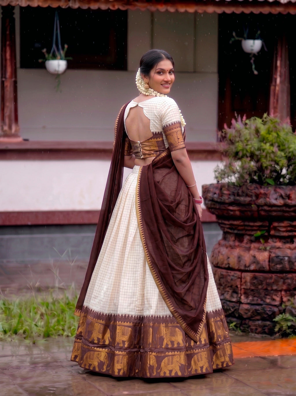 Poly Cotton Chex Zari Weaving Lehenga Choli in Cream and Pink