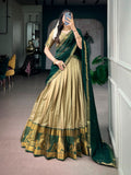 Poly Cotton Zari Weaving Lehenga Choli in Green and Gold