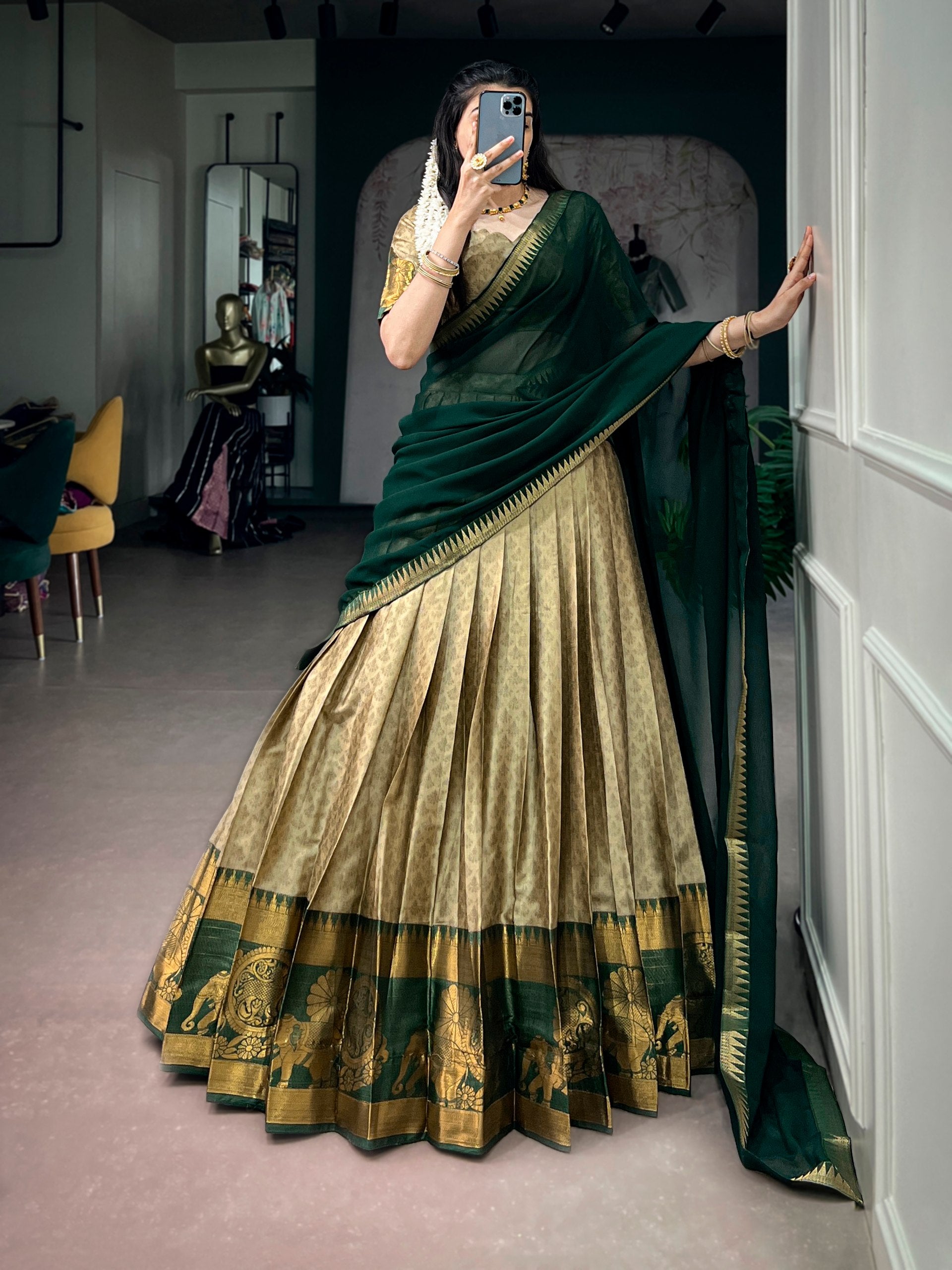 Poly Cotton Zari Weaving Lehenga Choli in Green and Gold