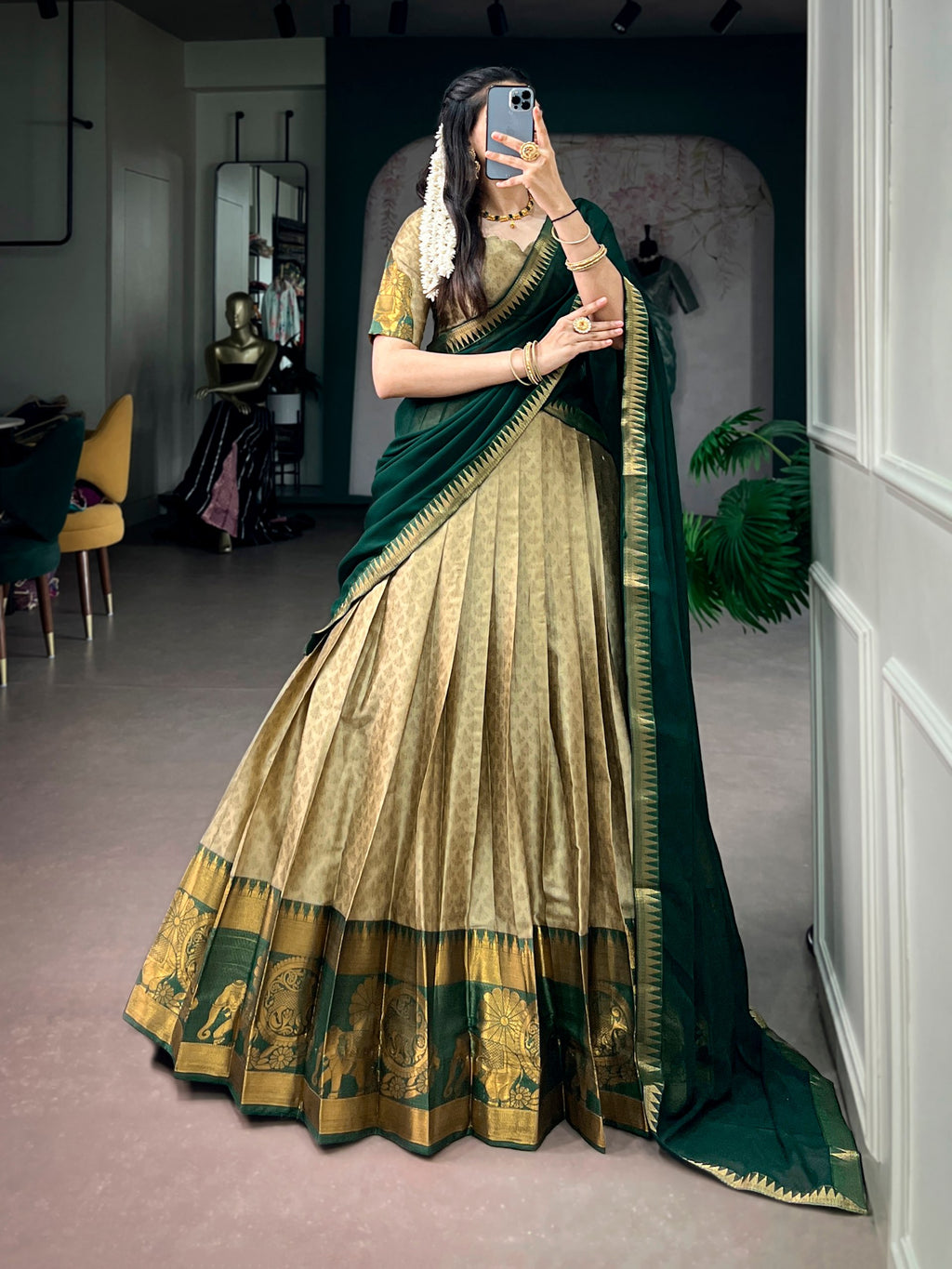 Poly Cotton Zari Weaving Lehenga Choli in Green and Gold
