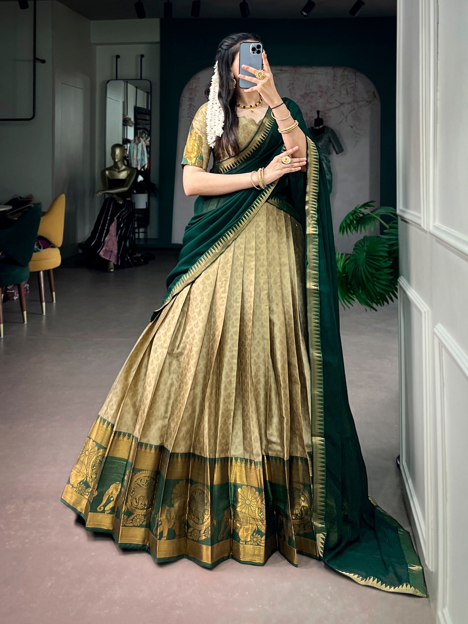 Poly Cotton Zari Weaving Lehenga Choli in Green and Gold