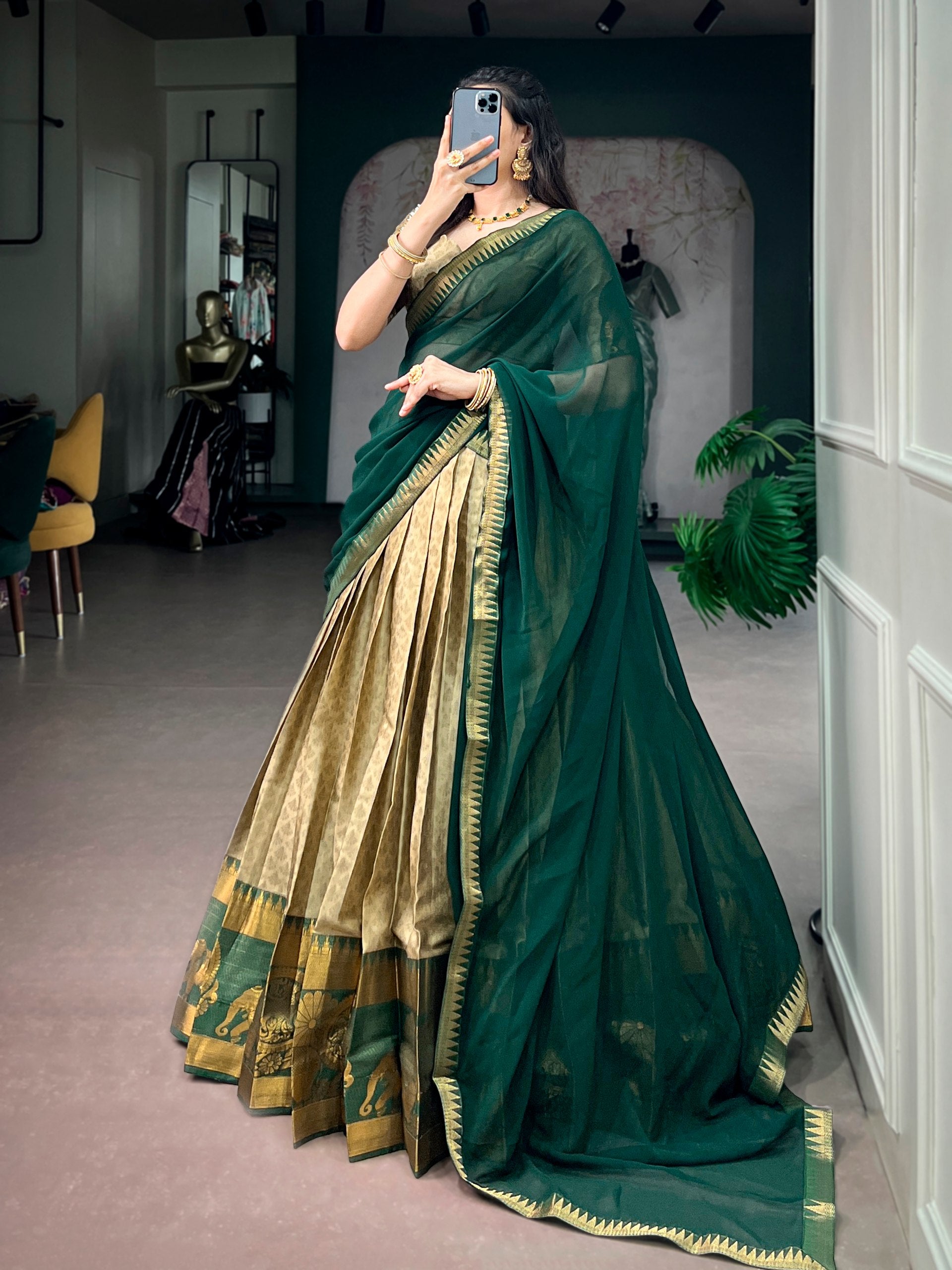 Poly Cotton Zari Weaving Lehenga Choli in Green and Gold