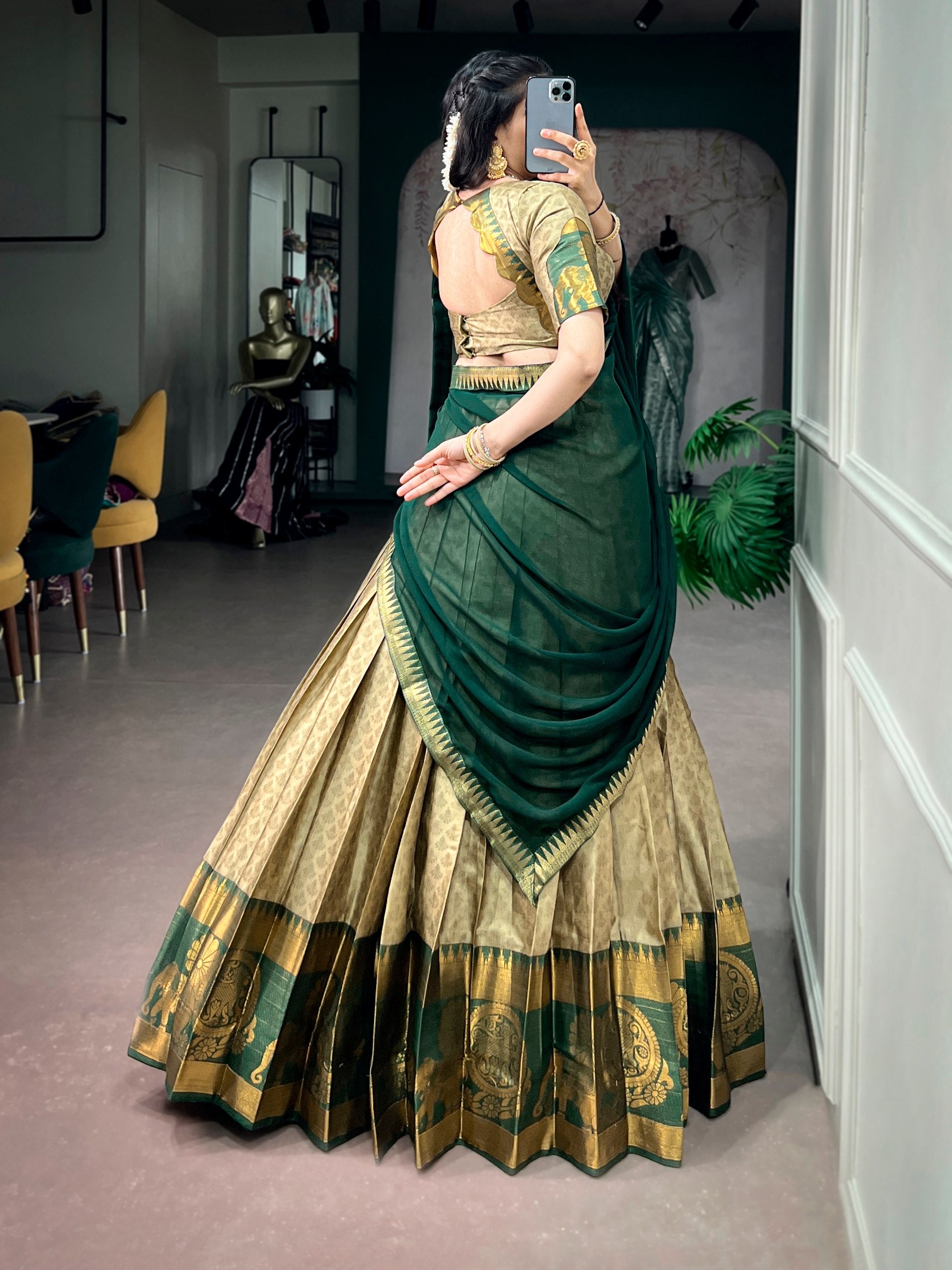 Poly Cotton Zari Weaving Lehenga Choli in Green and Gold