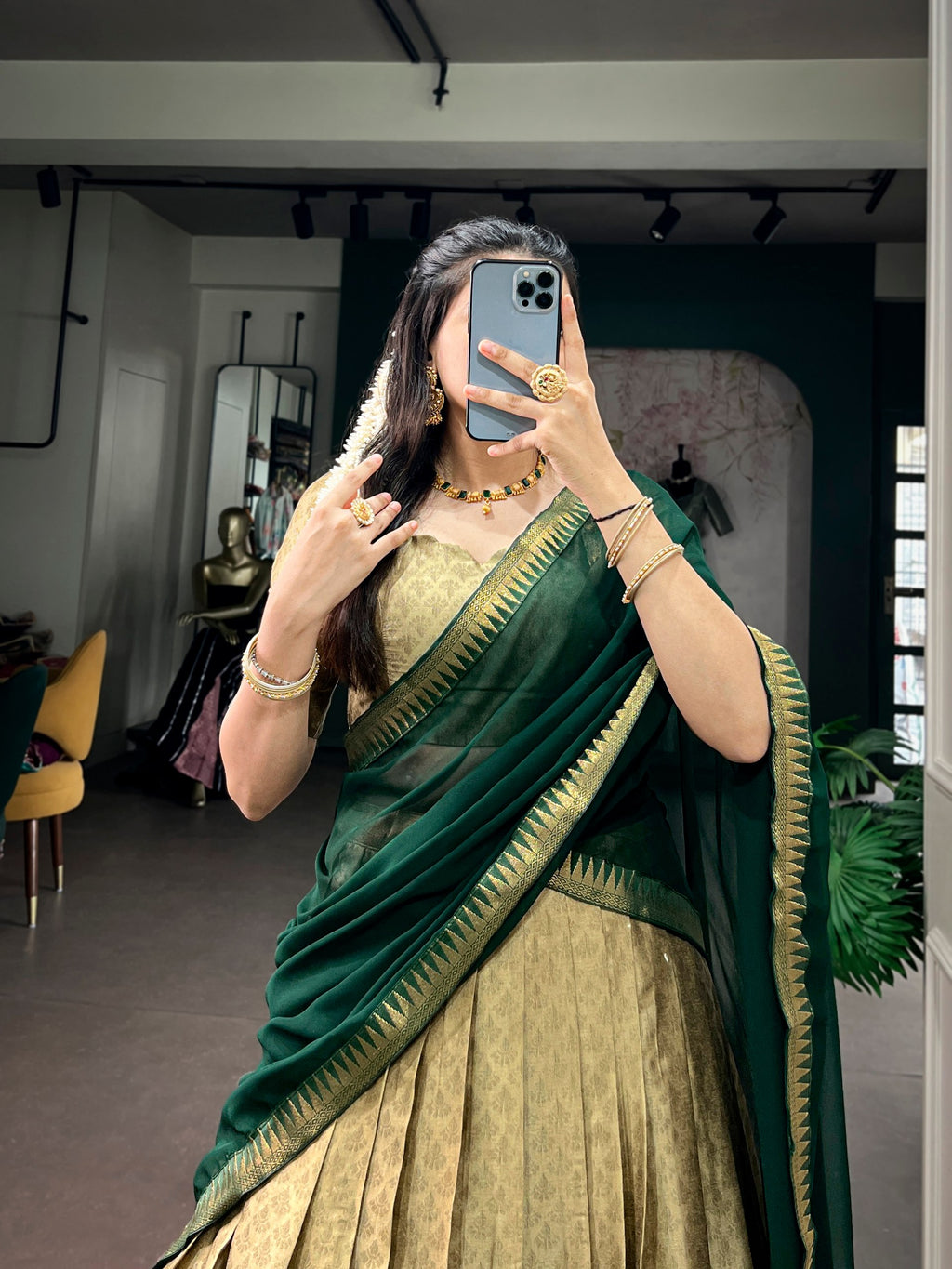 Poly Cotton Zari Weaving Lehenga Choli in Green and Gold