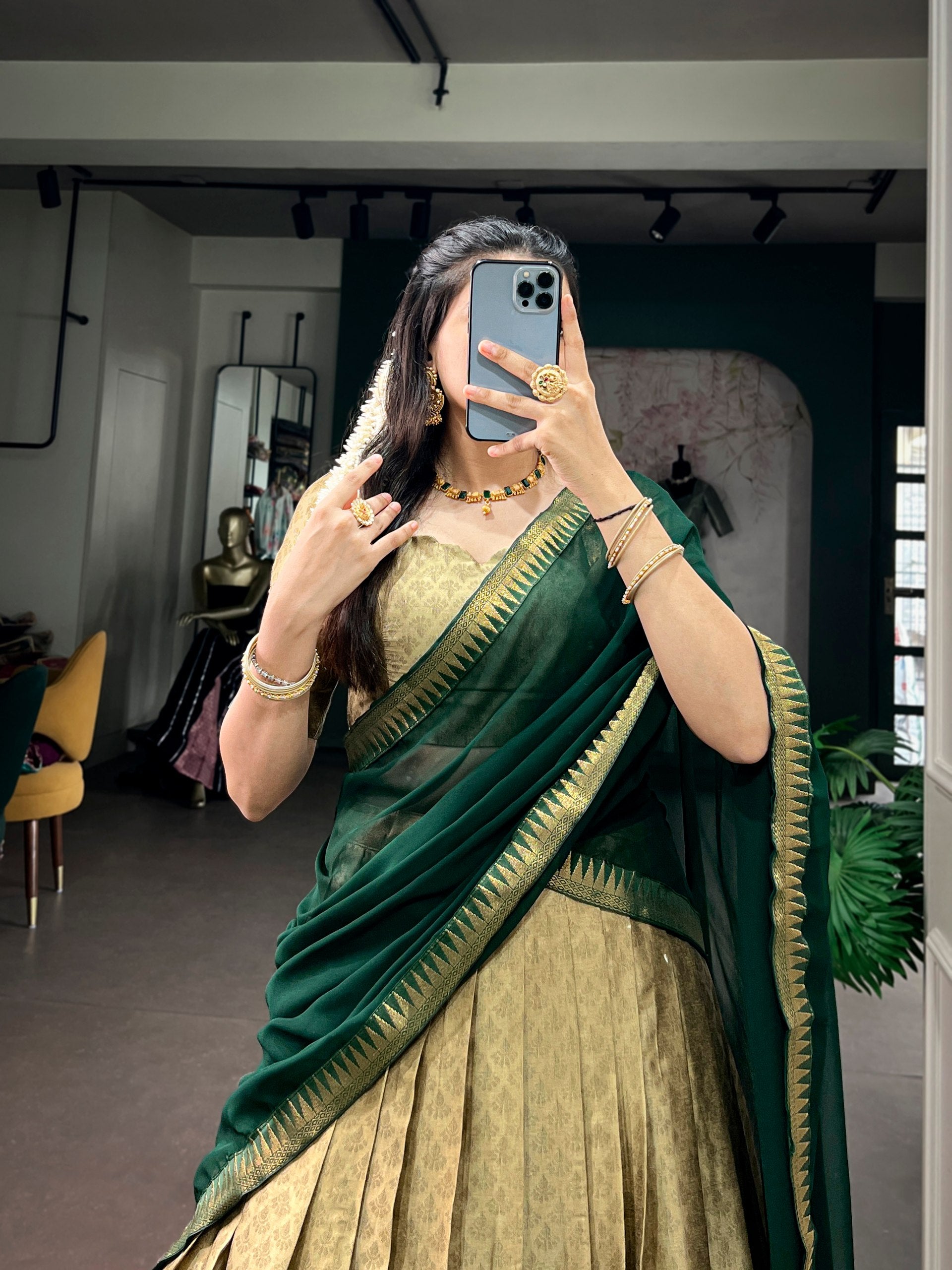 Poly Cotton Zari Weaving Lehenga Choli in Green and Gold