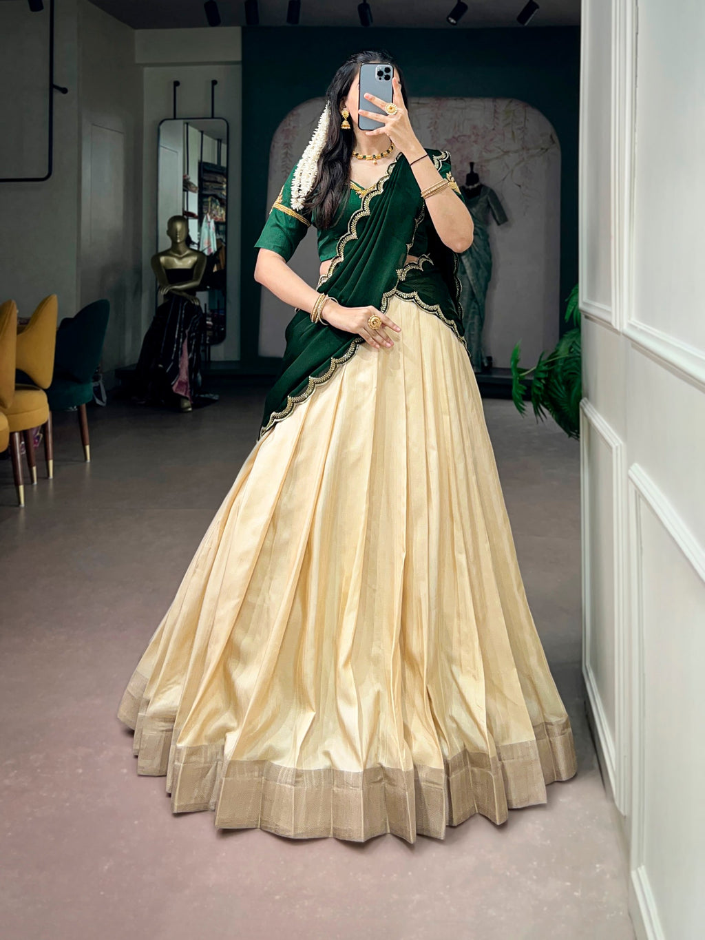Poly Kotha Tasar Fabric Lehenga Choli for Onam