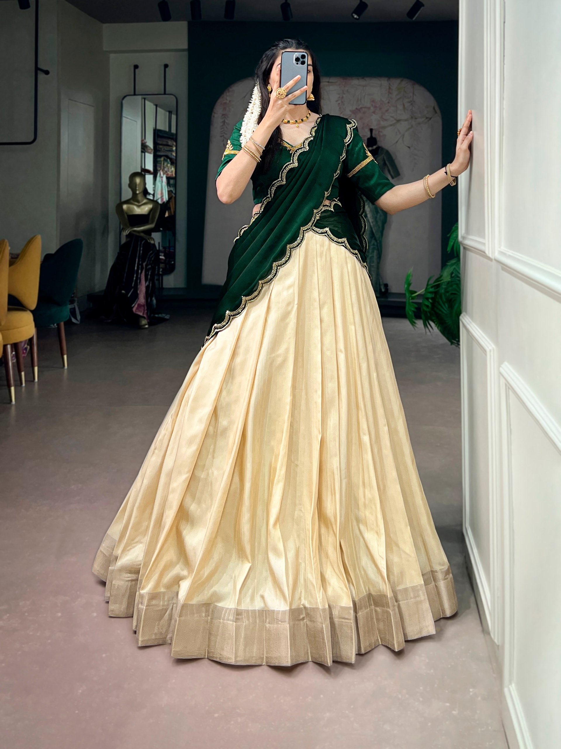 Poly Kotha Tasar Fabric Lehenga Choli for Onam