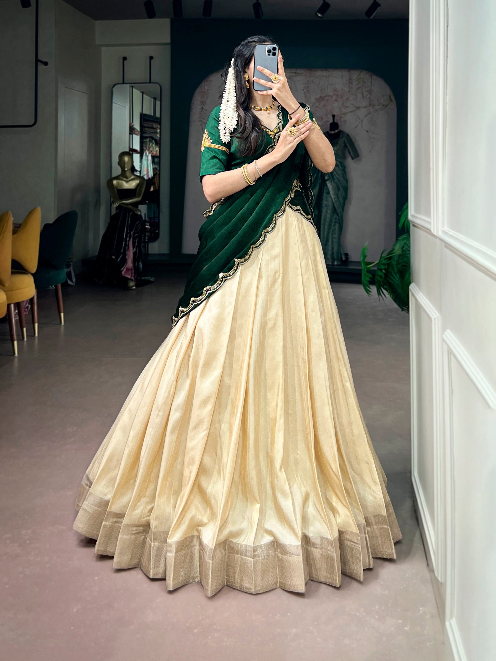 Poly Kotha Tasar Fabric Lehenga Choli for Onam
