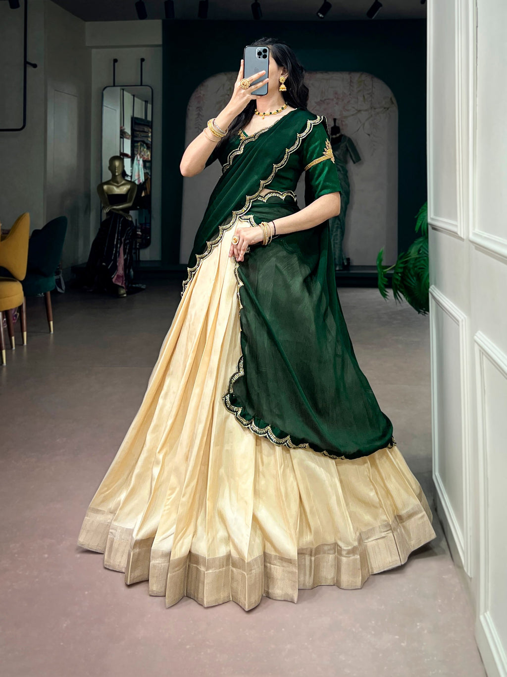 Poly Kotha Tasar Fabric Lehenga Choli for Onam