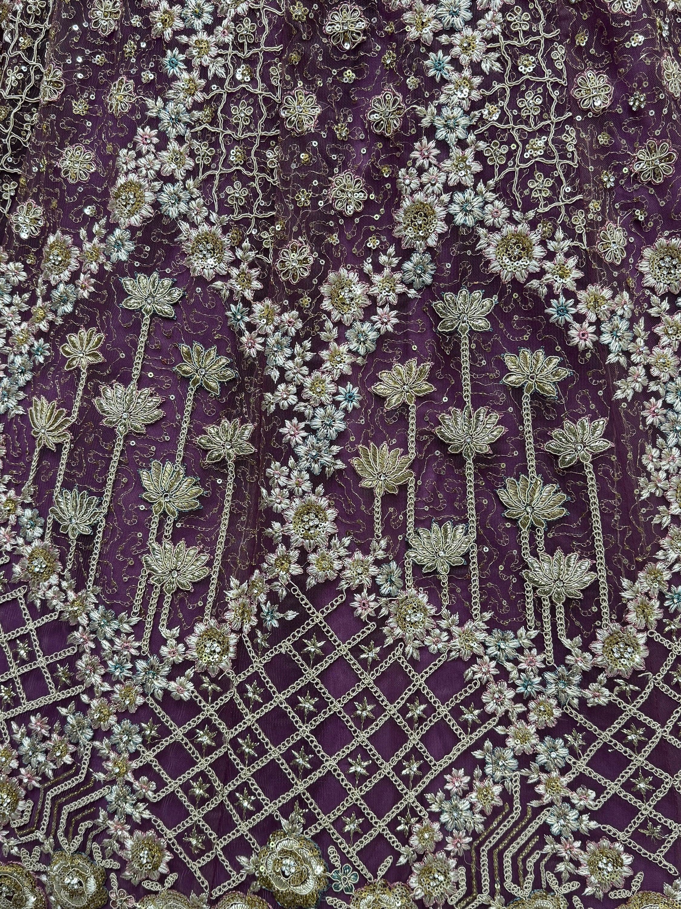 Lilac Alluring Thread Embroidered Net Wedding Lehenga Choli