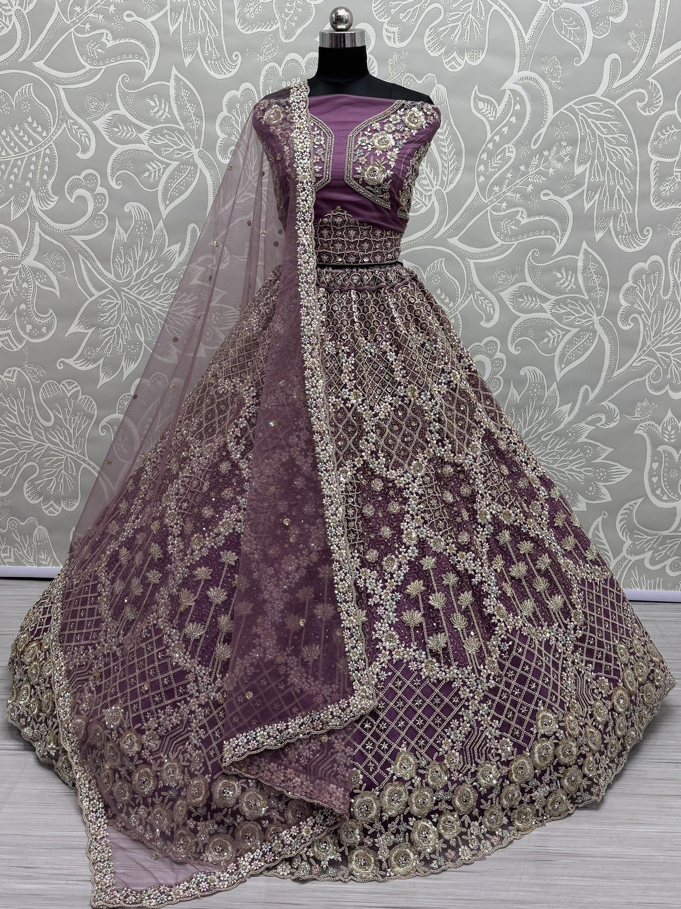 Lilac Alluring Thread Embroidered Net Wedding Lehenga Choli
