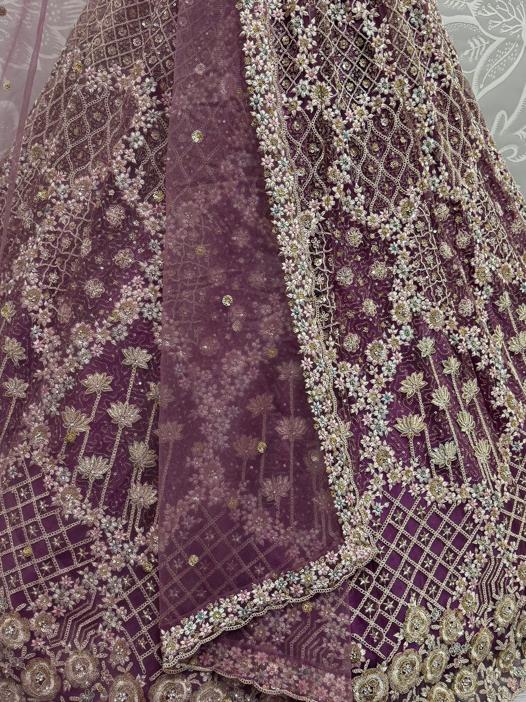 Lilac Alluring Thread Embroidered Net Wedding Lehenga Choli