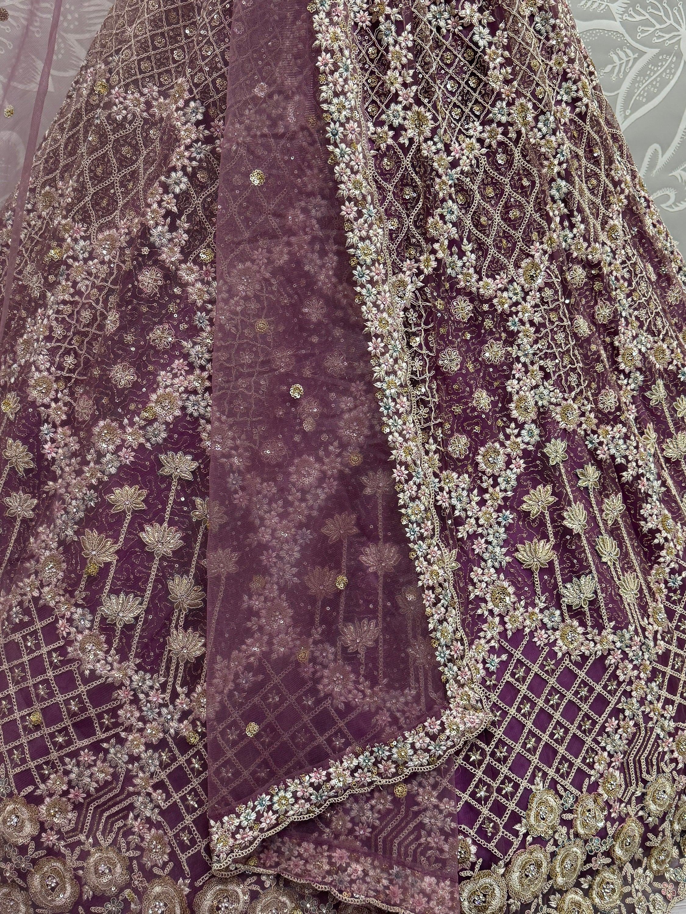 Lilac Alluring Thread Embroidered Net Wedding Lehenga Choli