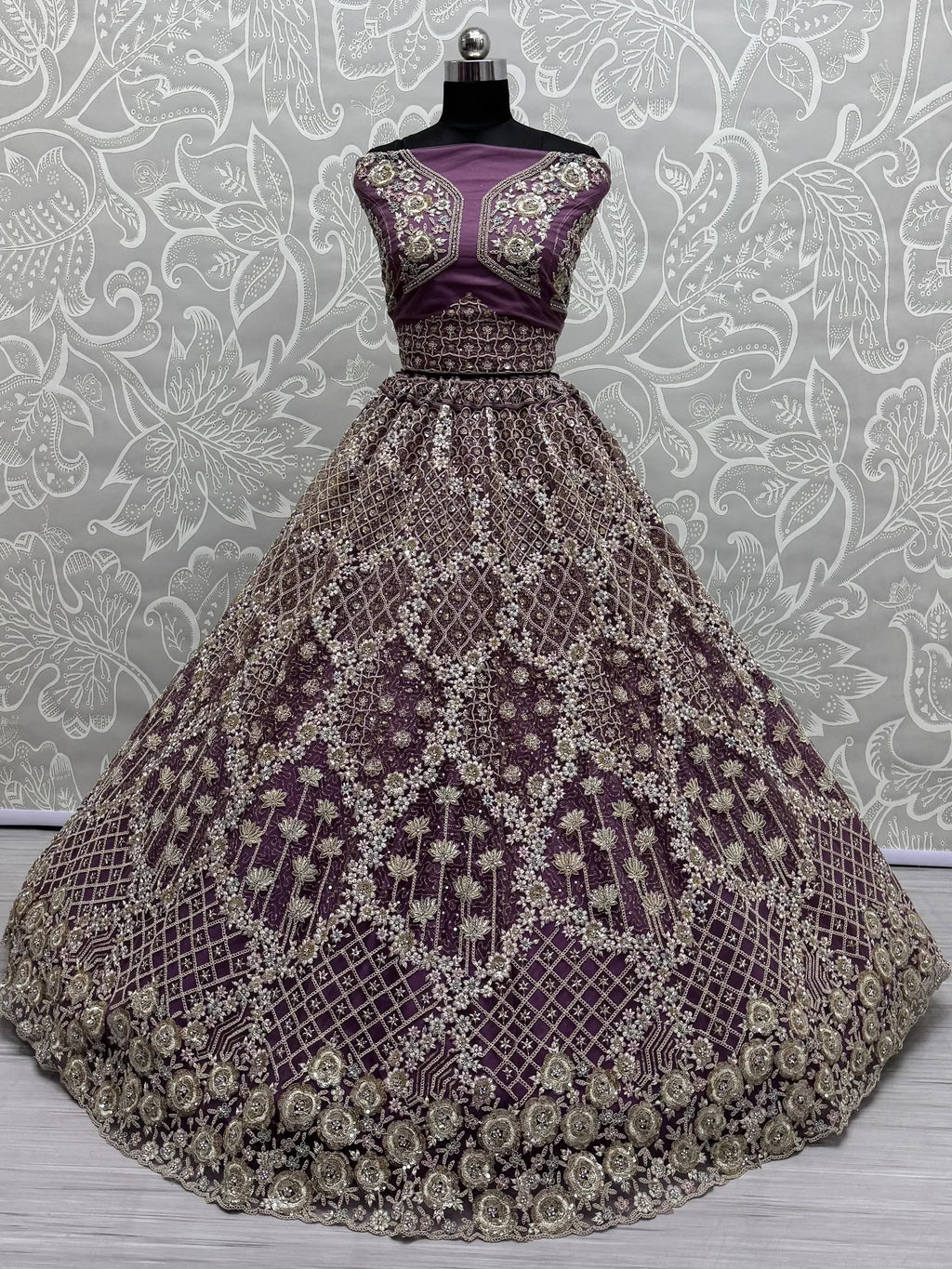 Lilac Alluring Thread Embroidered Net Wedding Lehenga Choli