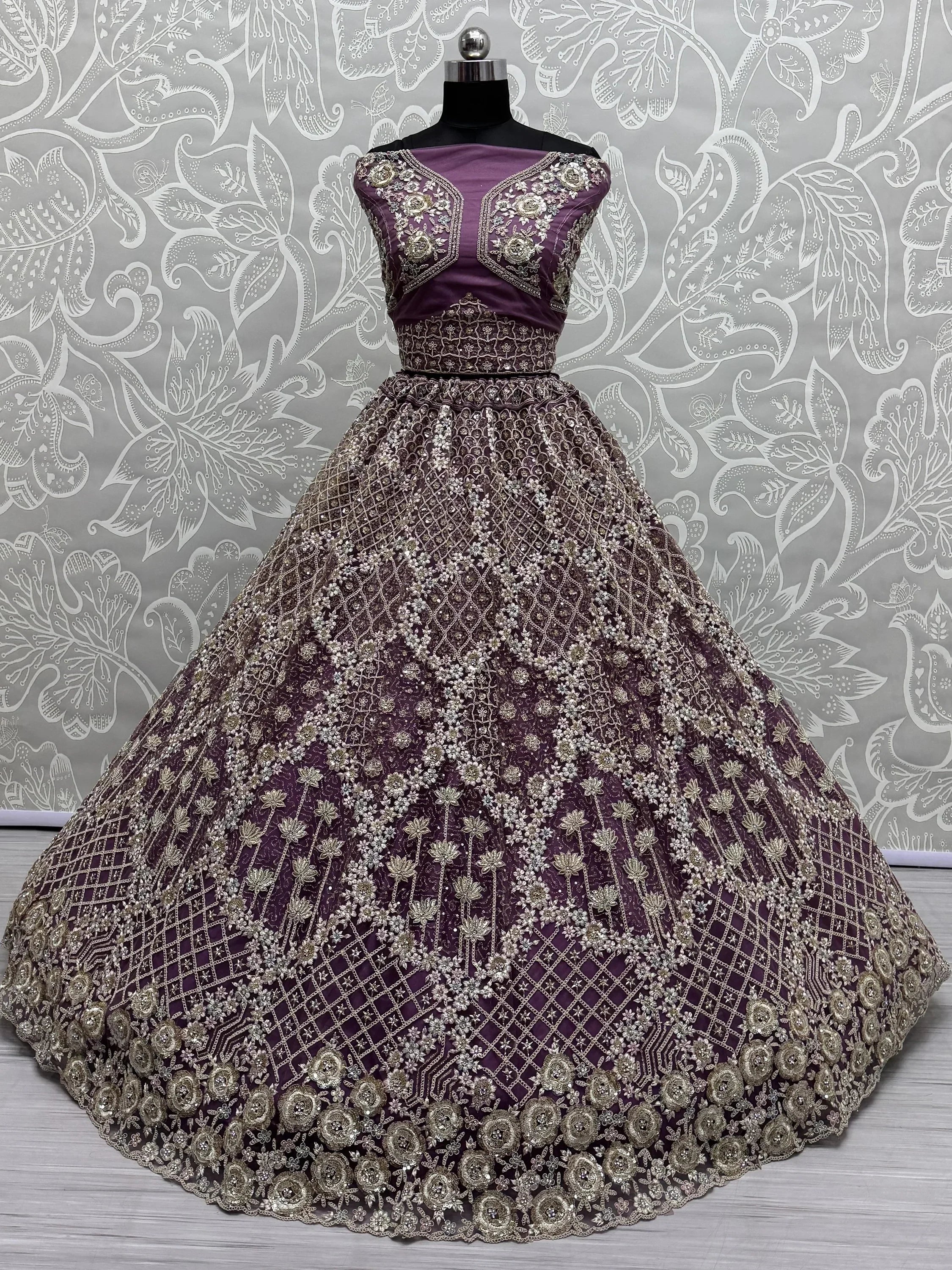 Lilac Alluring Thread Embroidered Net Wedding Lehenga Choli