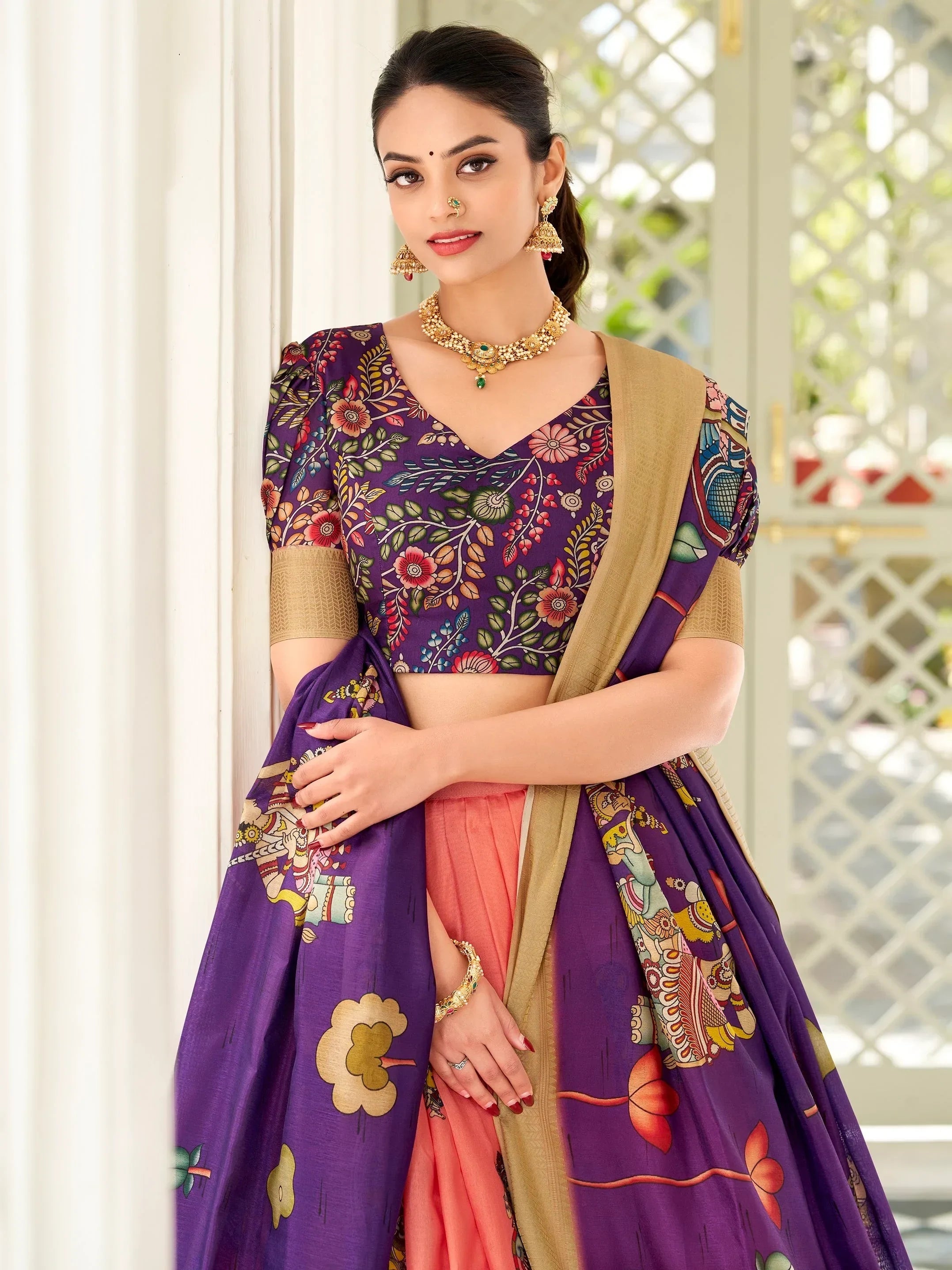 Precious Peach Kalamkari Print Dola Silk Traditional Lehenga Choli