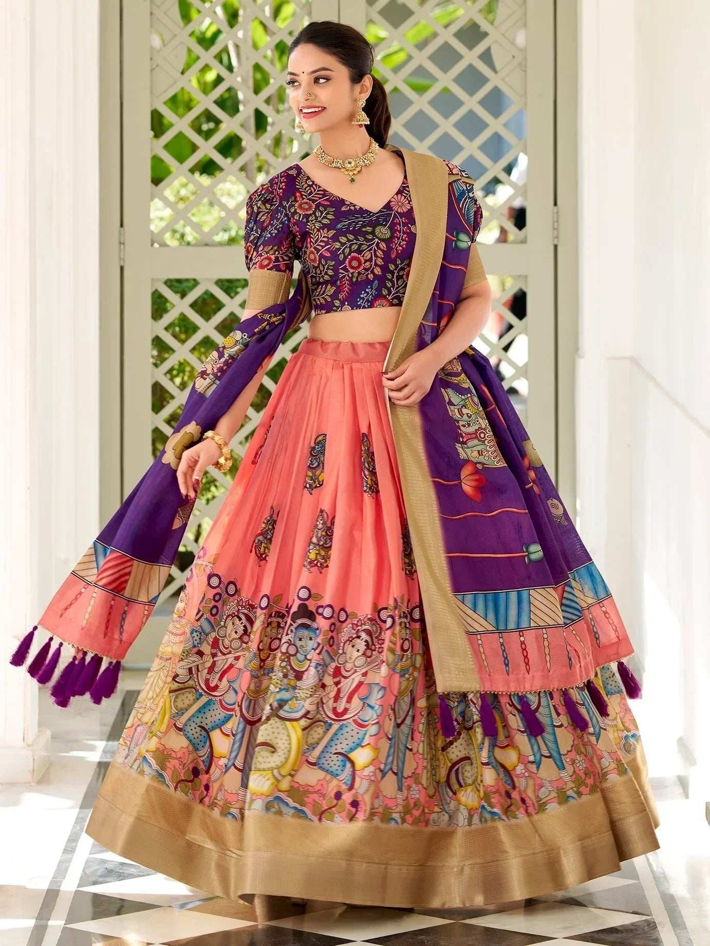Precious Peach Kalamkari Print Dola Silk Traditional Lehenga Choli