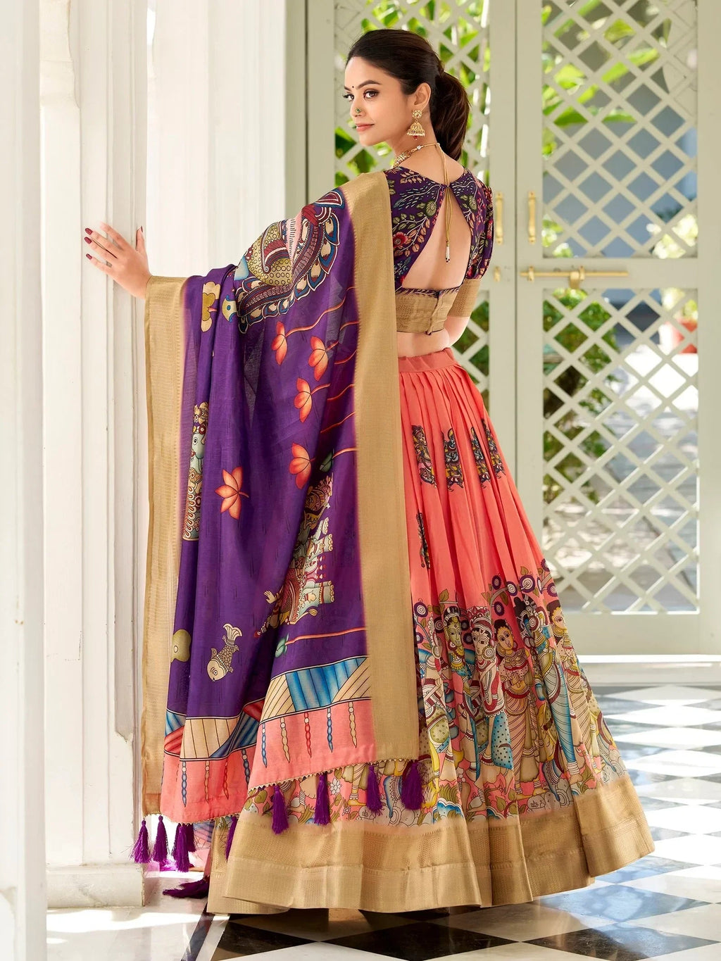 Precious Peach Kalamkari Print Dola Silk Traditional Lehenga Choli