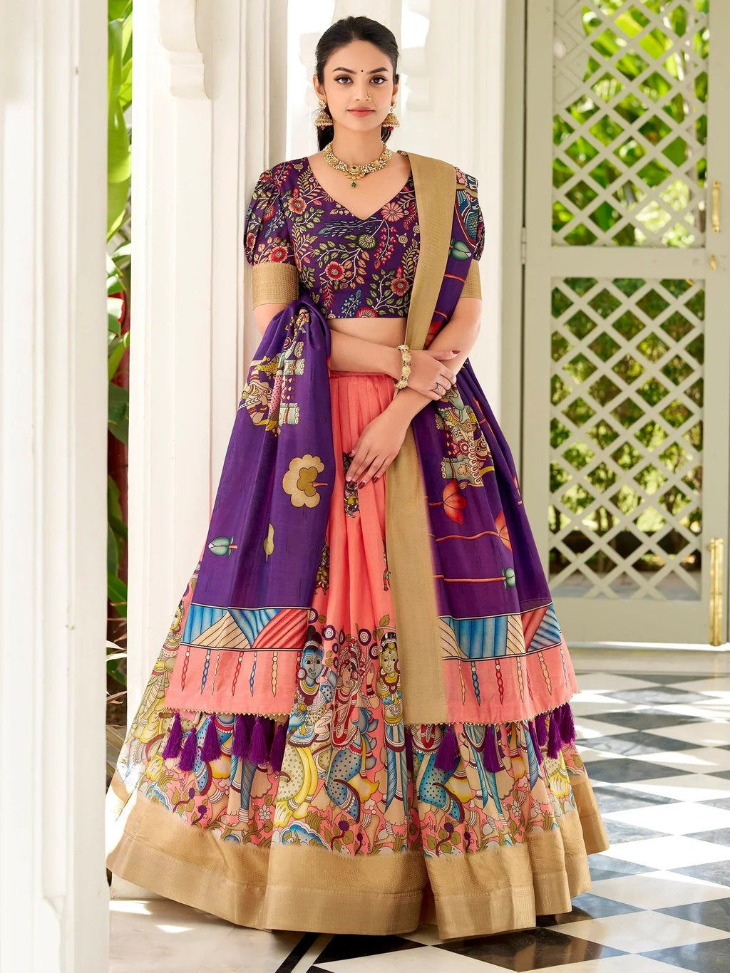 Precious Peach Kalamkari Print Dola Silk Traditional Lehenga Choli