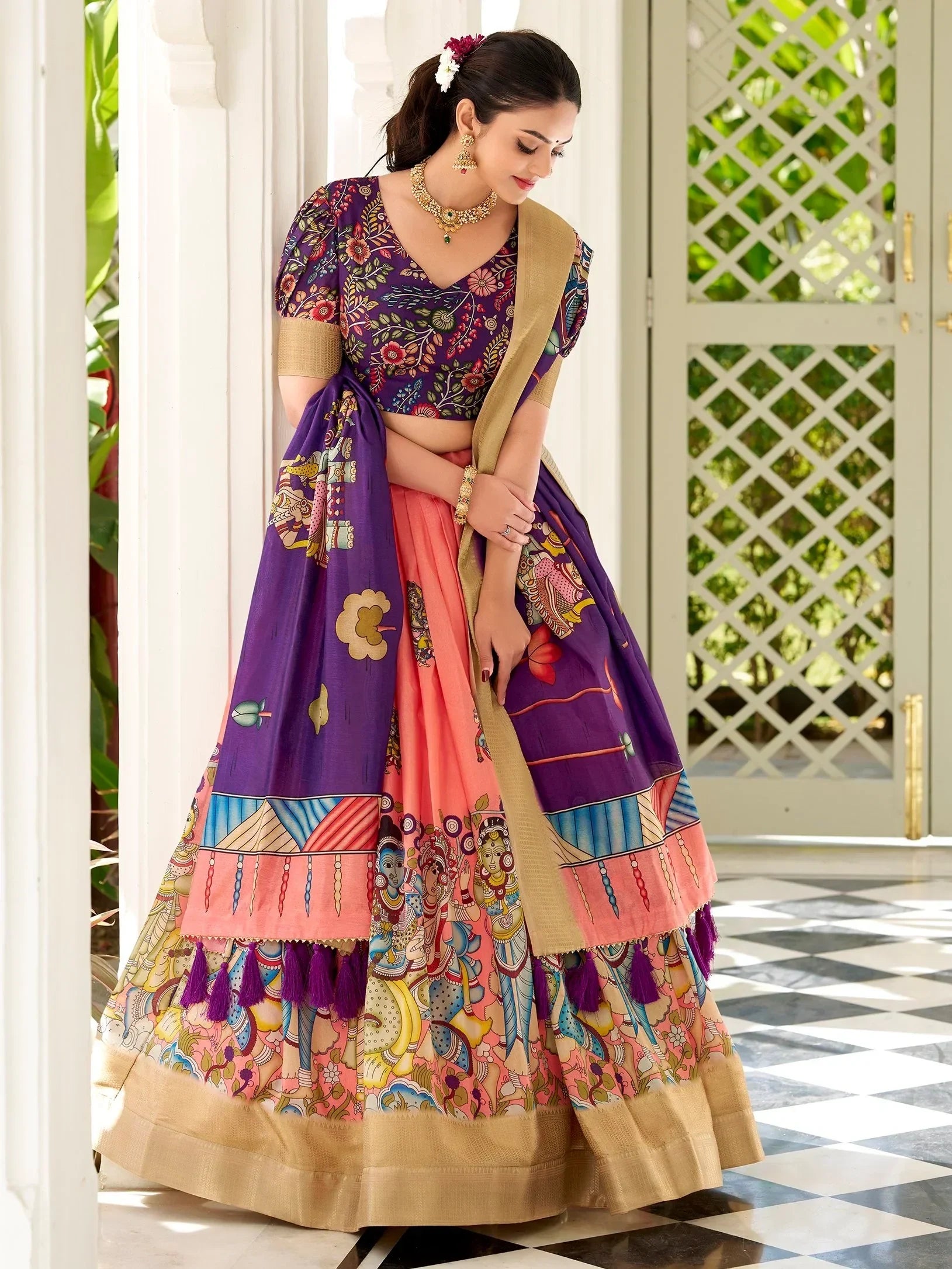 Precious Peach Kalamkari Print Dola Silk Traditional Lehenga Choli