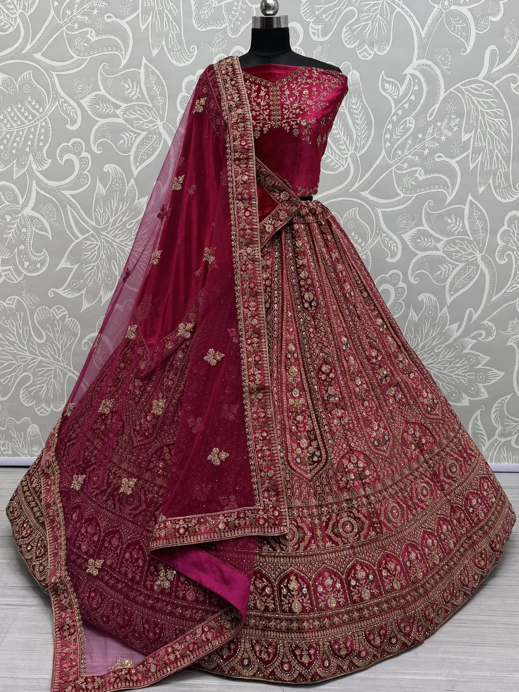 Precious Pink Dori Work Velvet Bridal Lehenga Choli With Double Dupatta