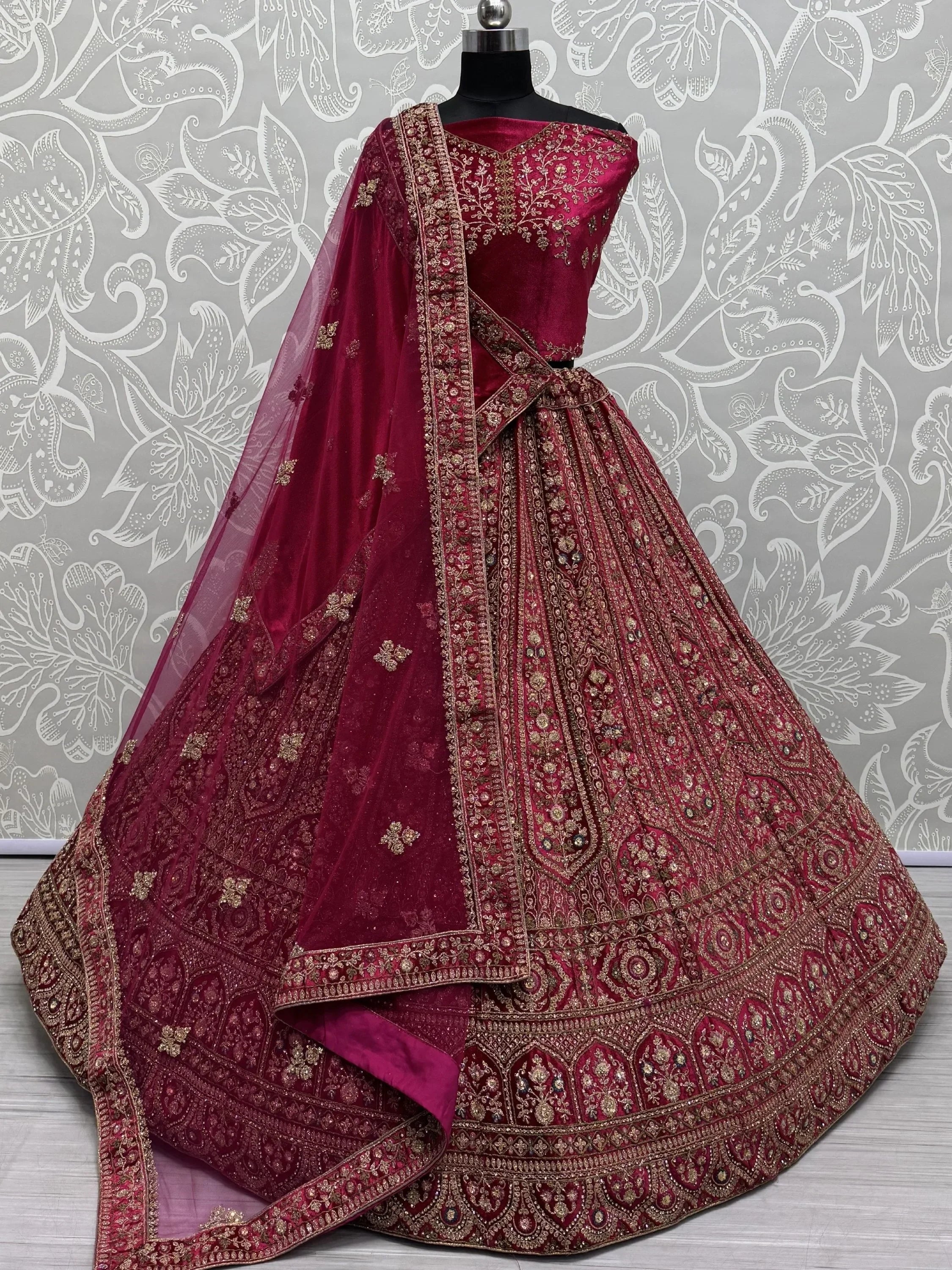 Precious Pink Dori Work Velvet Bridal Lehenga Choli With Double Dupatta