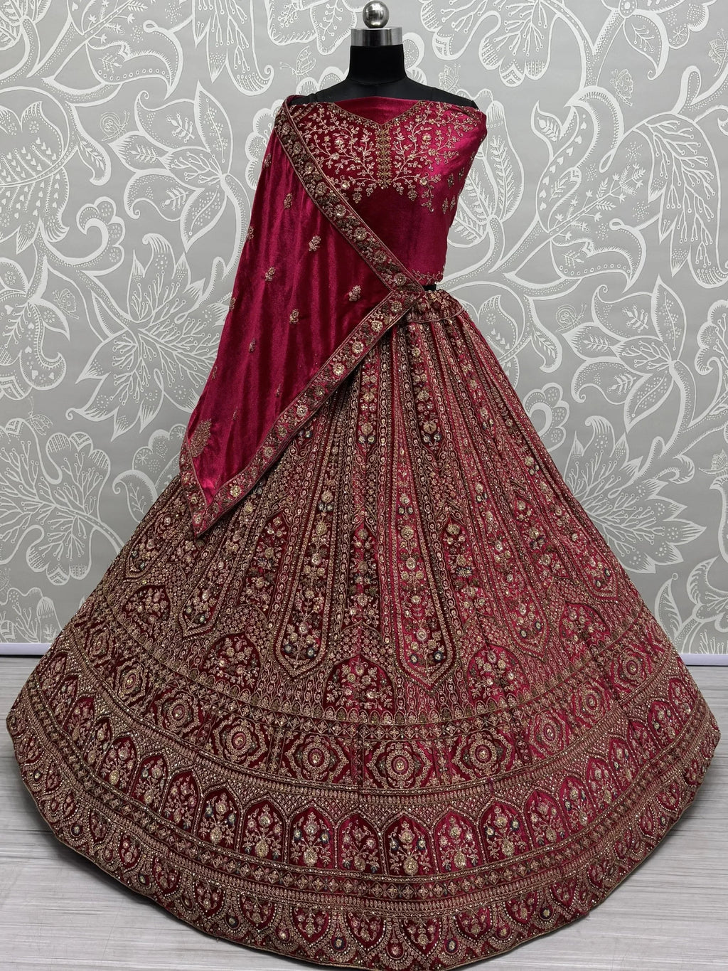 Precious Pink Dori Work Velvet Bridal Lehenga Choli With Double Dupatta