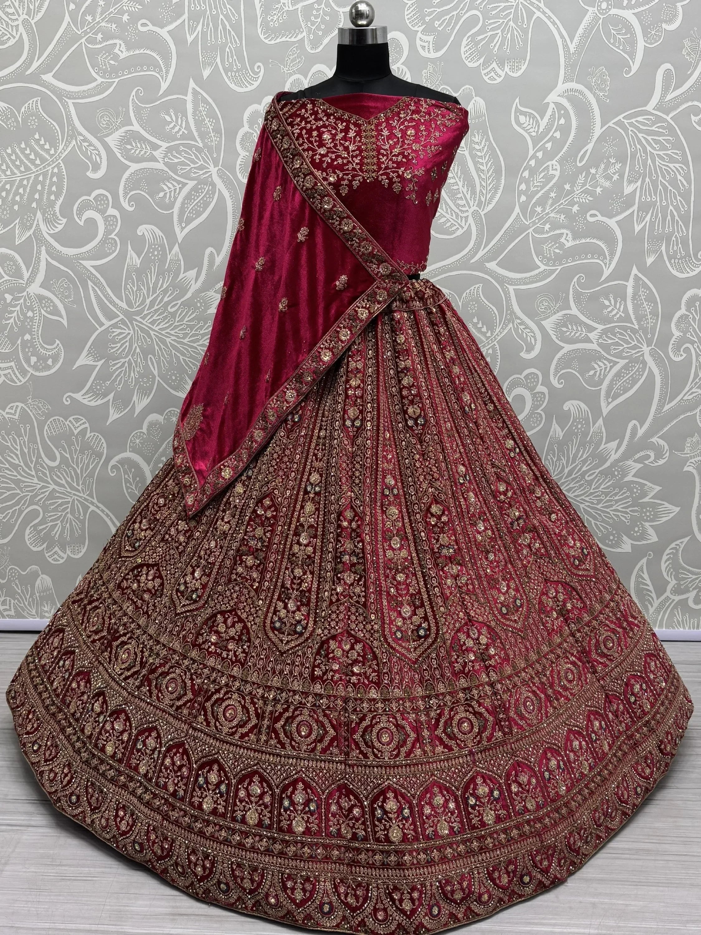 Precious Pink Dori Work Velvet Bridal Lehenga Choli With Double Dupatta