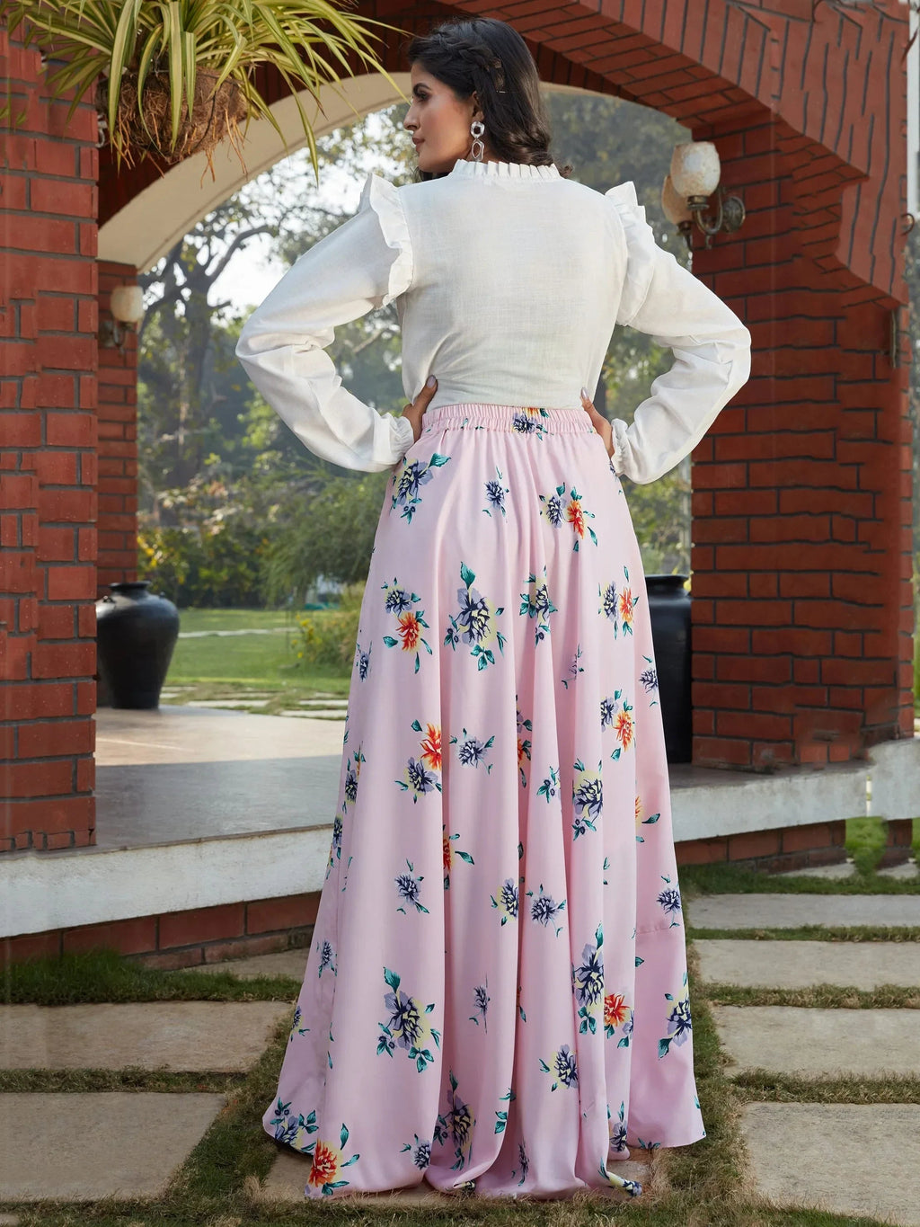 Precious Pink Floral Printed Crepe Party Wear Crop Top Lehenga