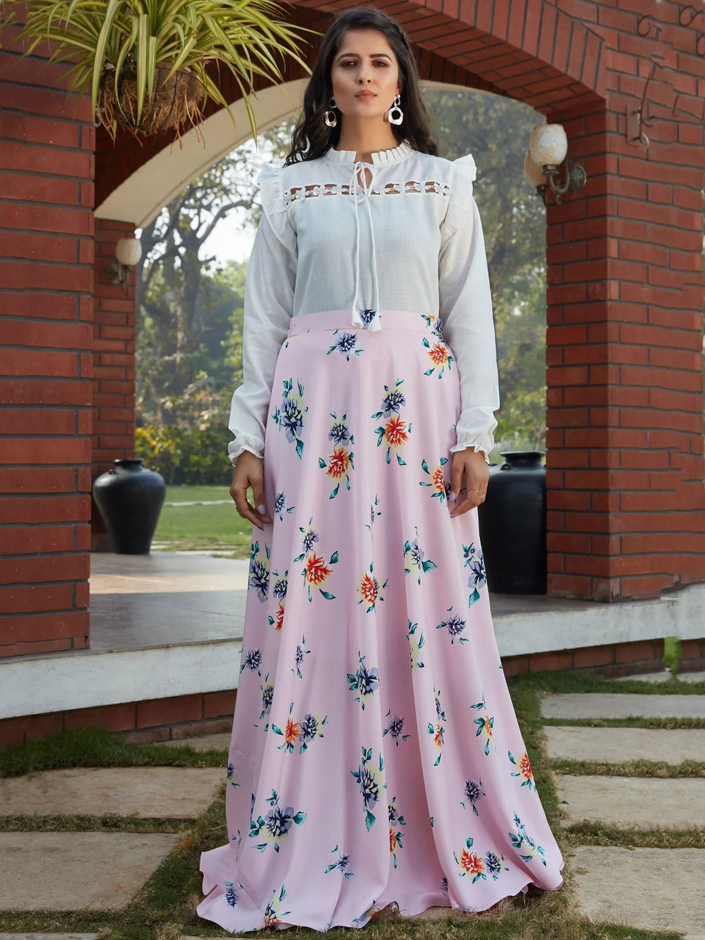 Precious Pink Floral Printed Crepe Party Wear Crop Top Lehenga