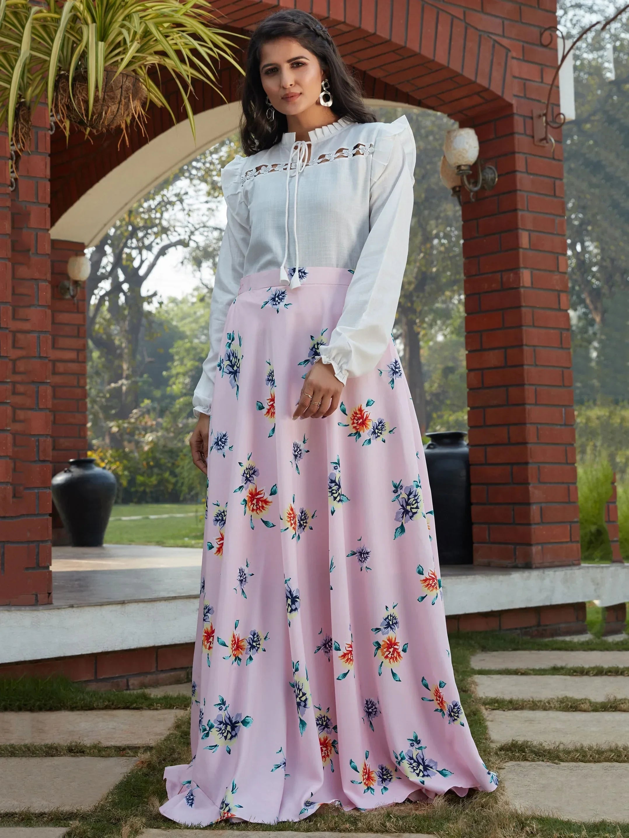 Precious Pink Floral Printed Crepe Party Wear Crop Top Lehenga