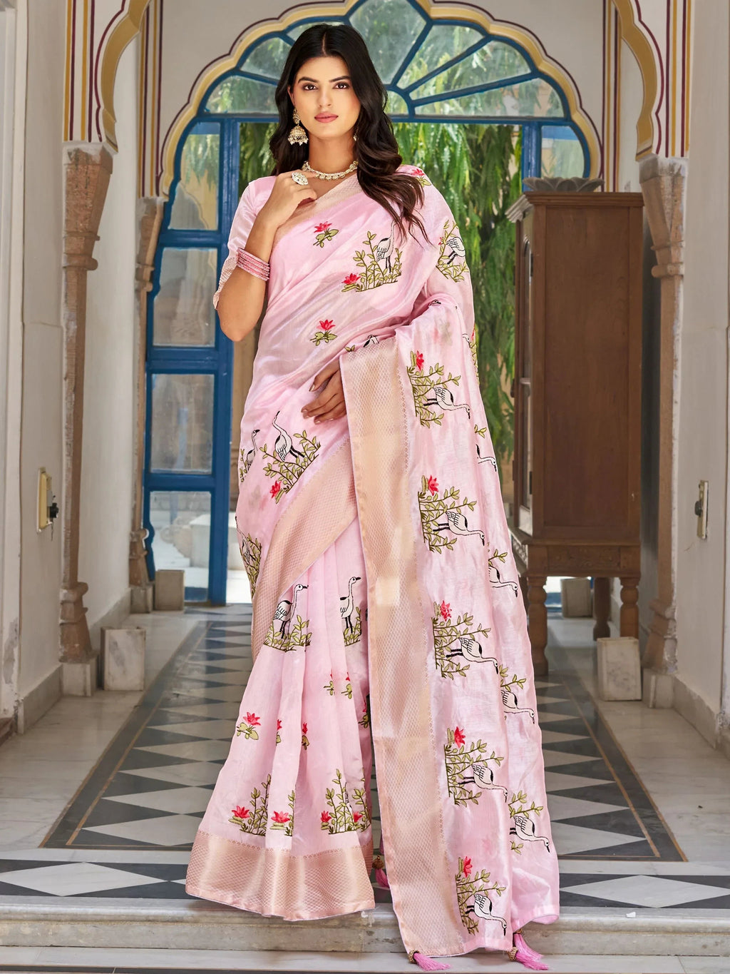 Pink Precious Silk Thread Embroidered Traditional Saree With Blouse