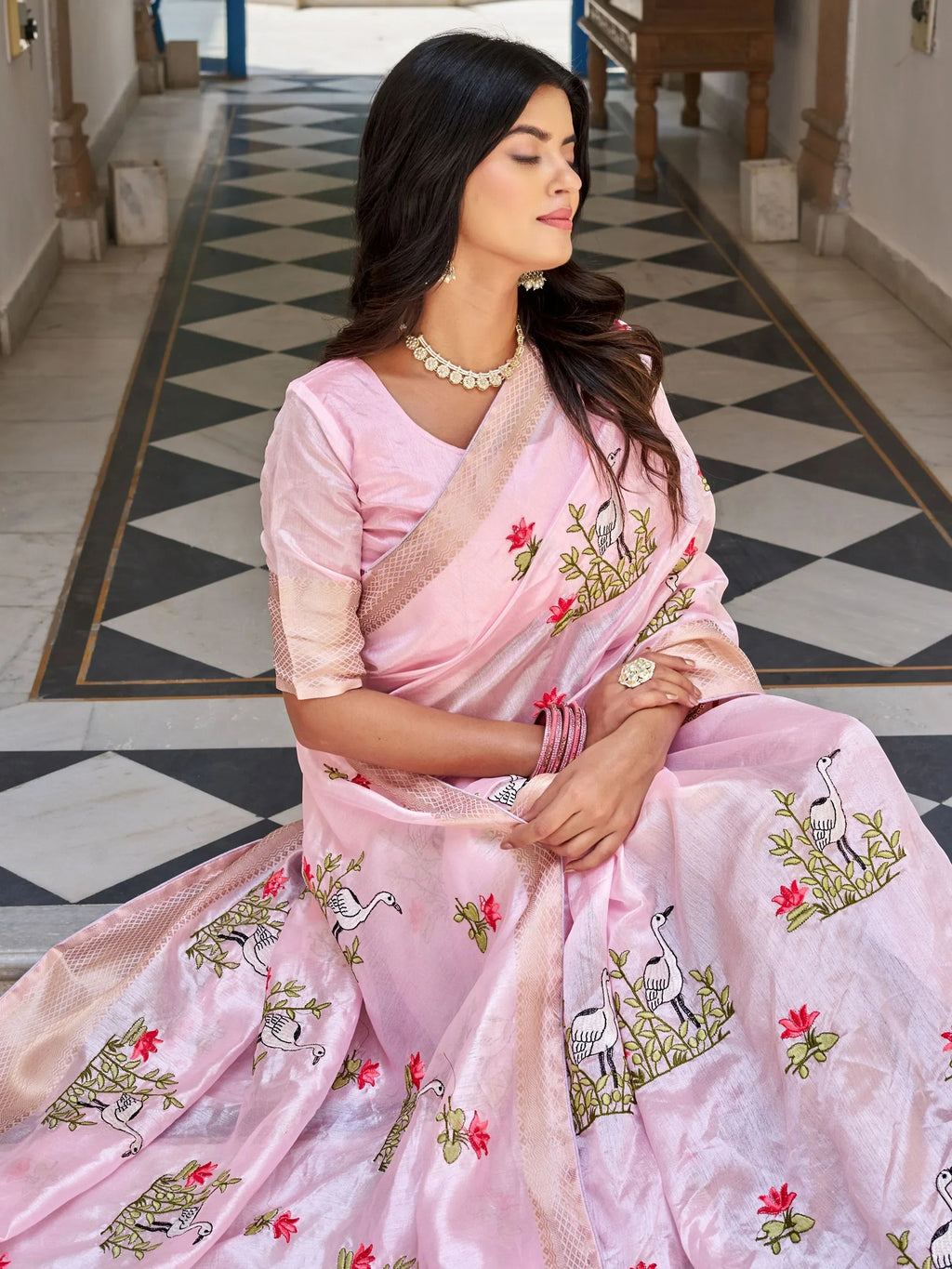 Pink Precious Silk Thread Embroidered Traditional Saree With Blouse