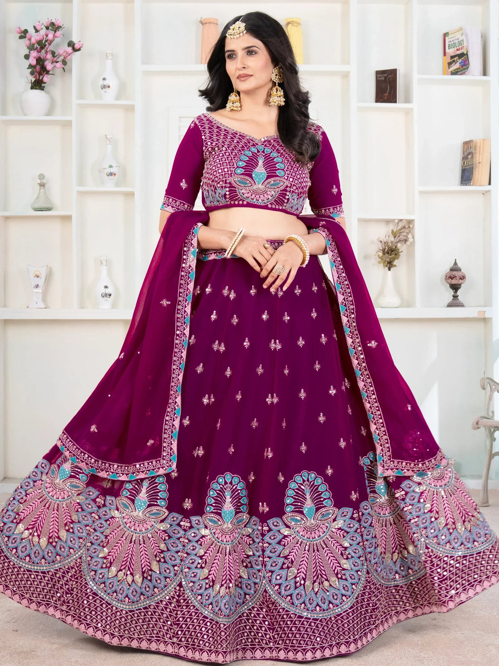 Precious Purple Thread Work Georgette Lehenga Choli With Dupatta