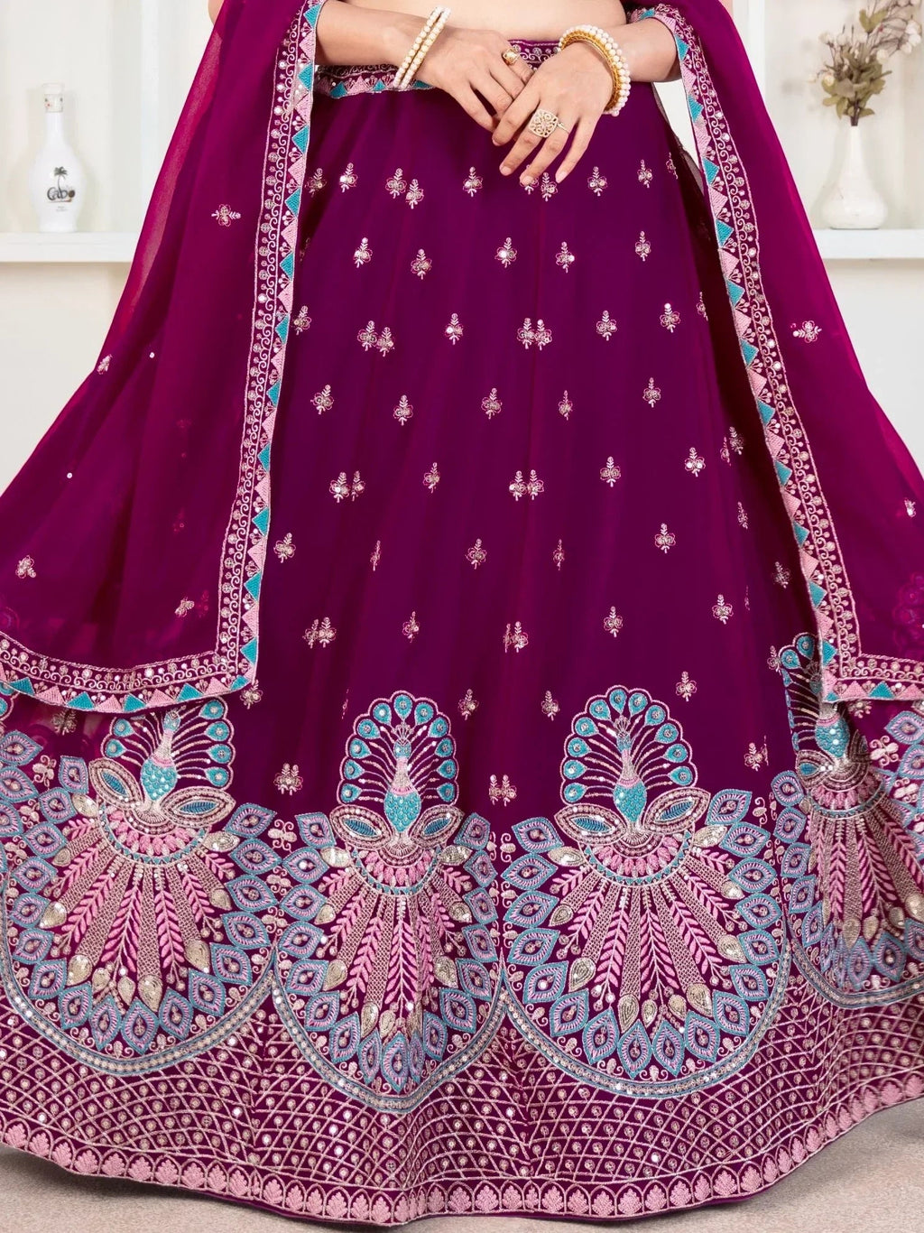 Precious Purple Thread Work Georgette Lehenga Choli With Dupatta