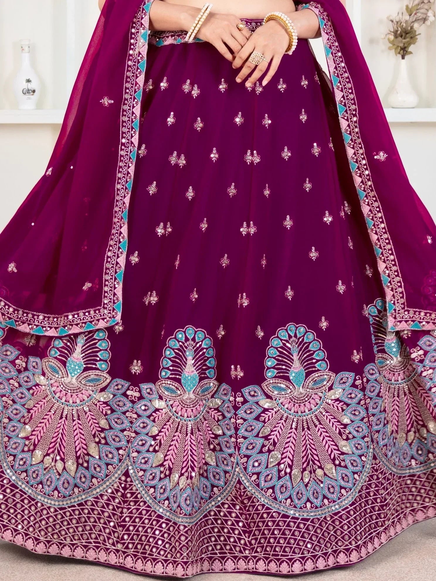 Precious Purple Thread Work Georgette Lehenga Choli With Dupatta