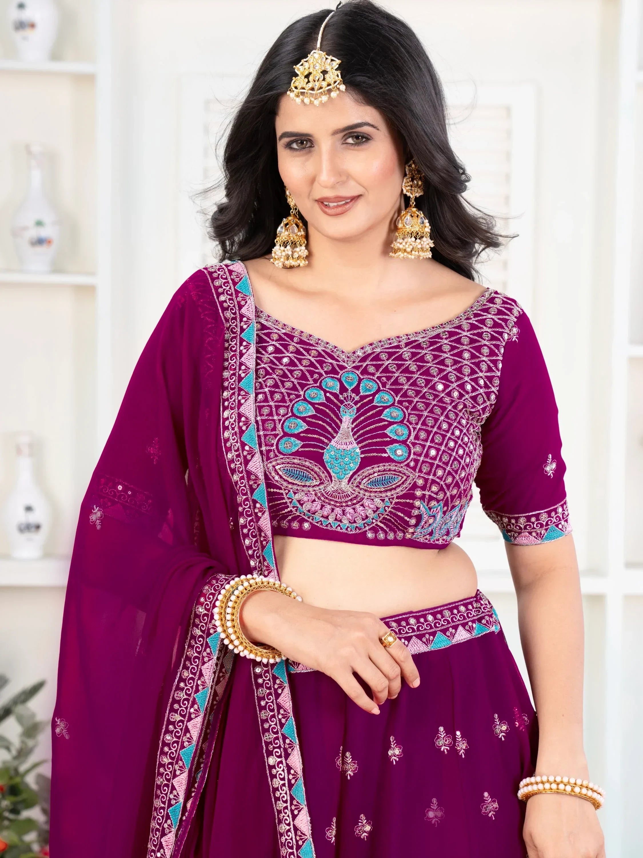 Precious Purple Thread Work Georgette Lehenga Choli With Dupatta