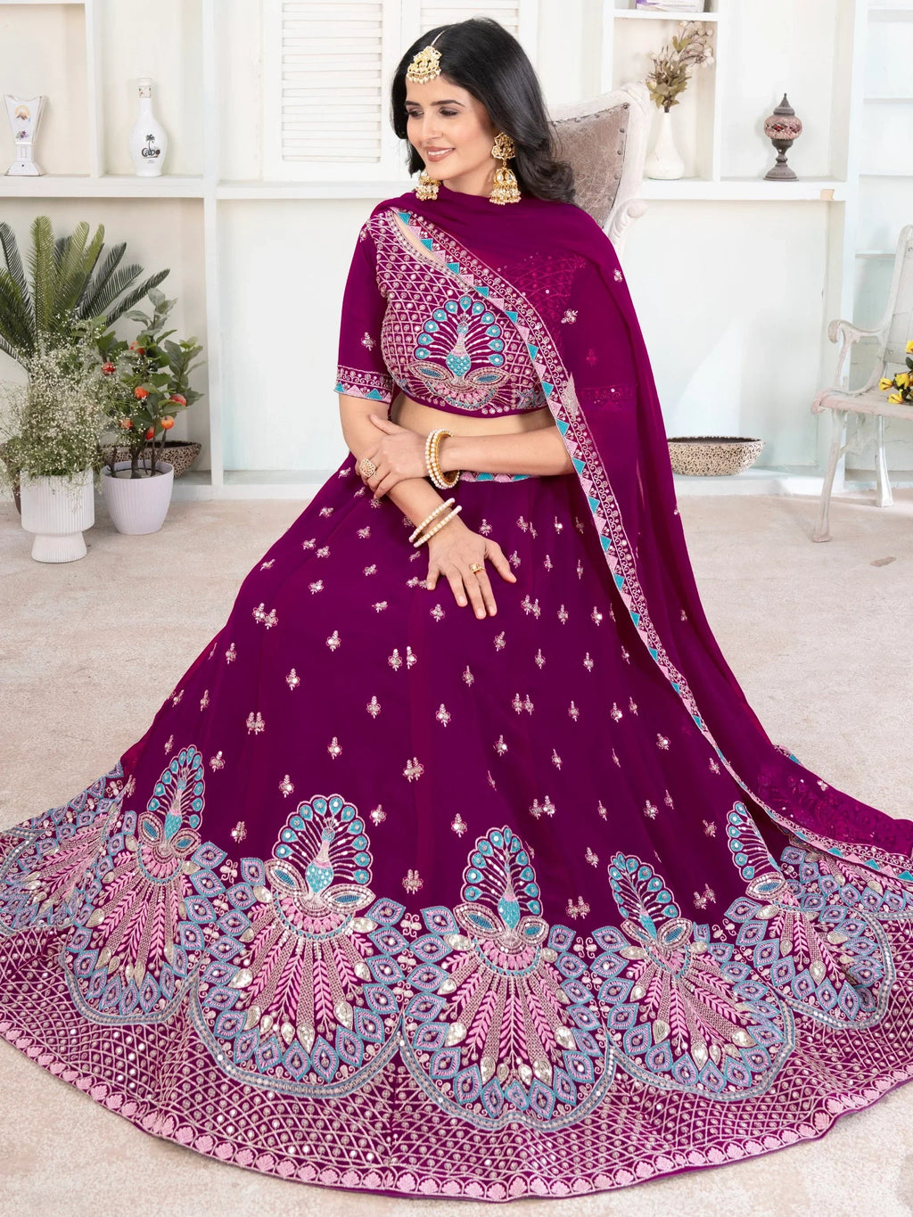 Precious Purple Thread Work Georgette Lehenga Choli With Dupatta