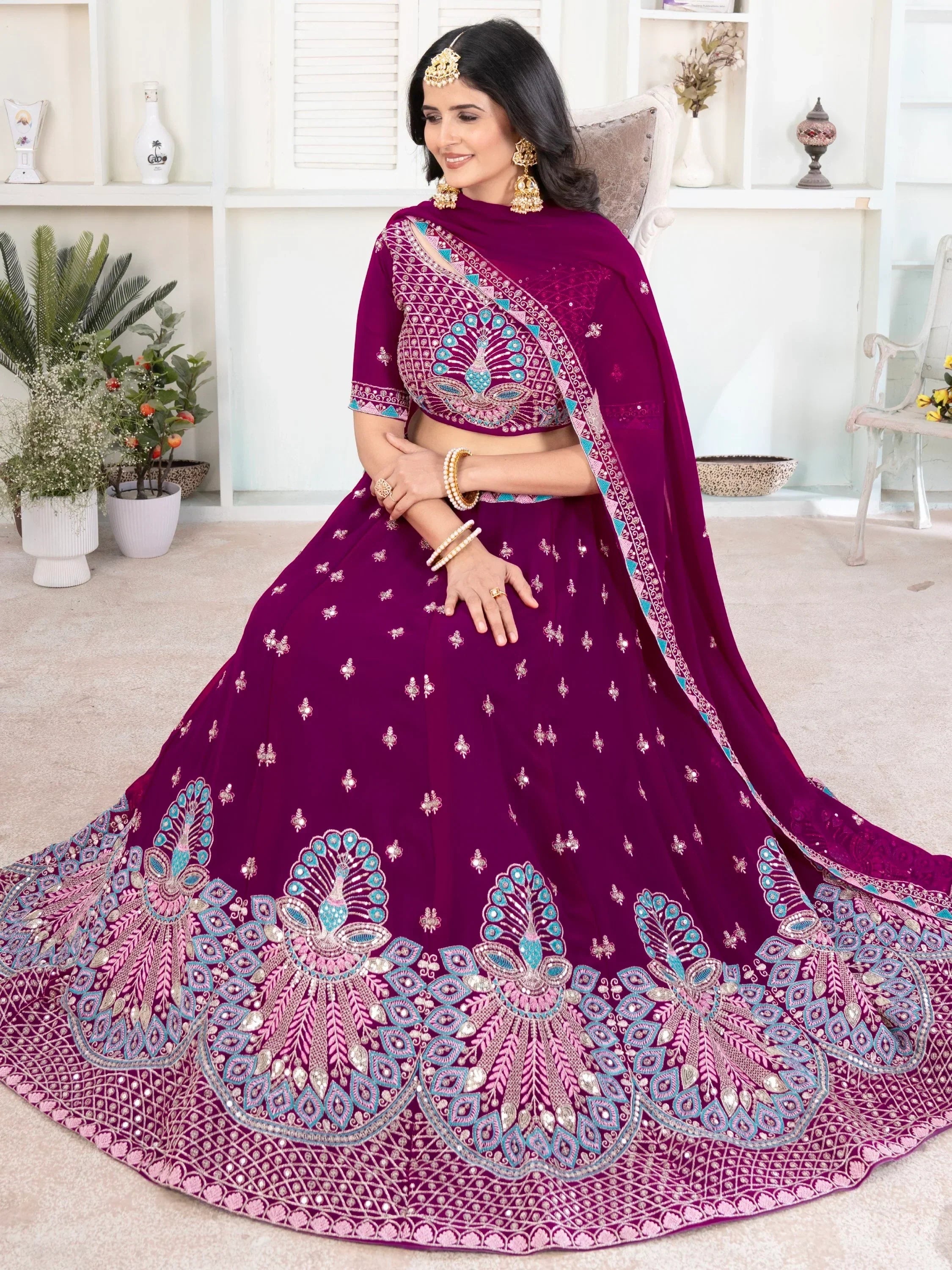 Precious Purple Thread Work Georgette Lehenga Choli With Dupatta