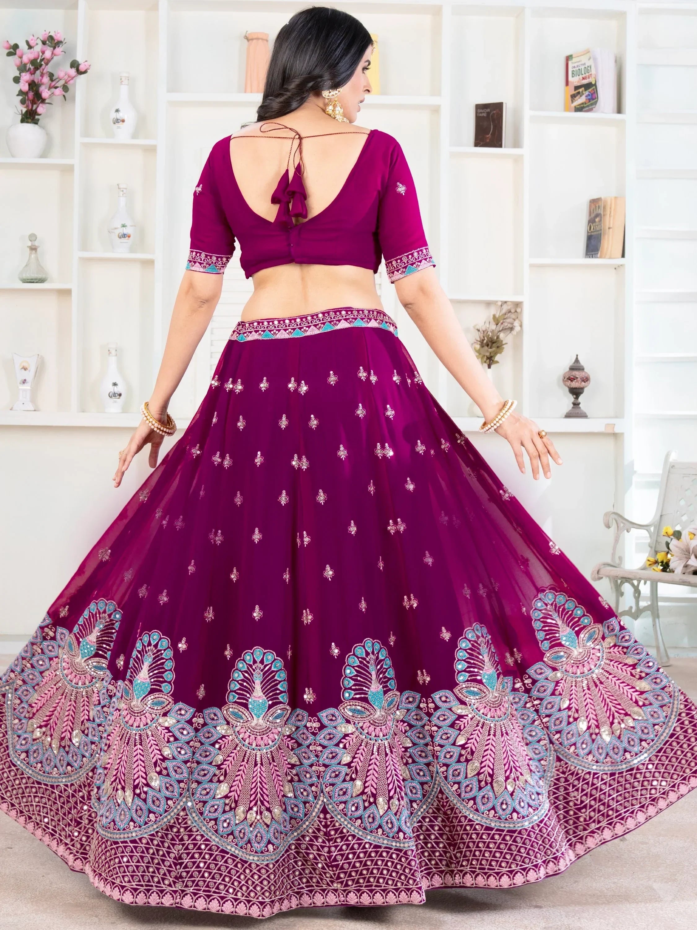 Precious Purple Thread Work Georgette Lehenga Choli With Dupatta