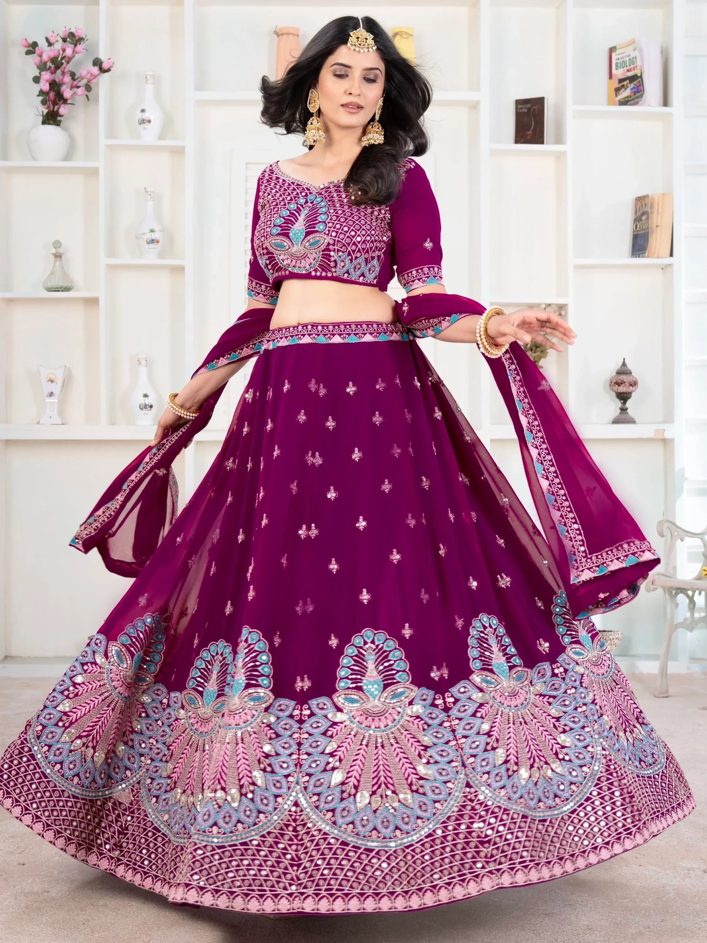 Precious Purple Thread Work Georgette Lehenga Choli With Dupatta