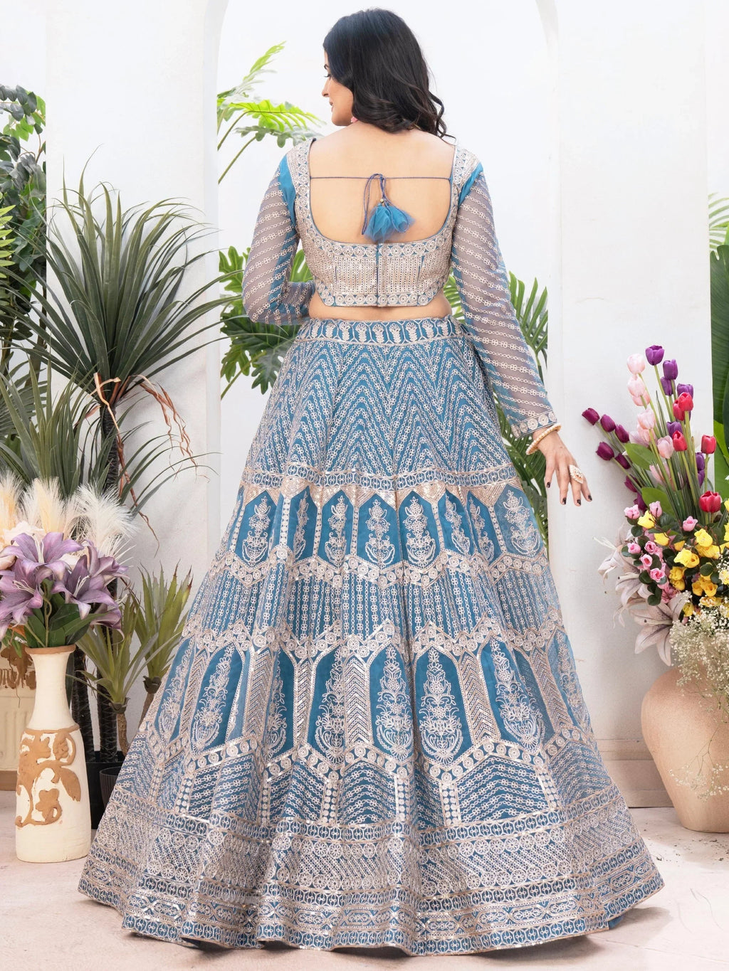 Precious Sky-Blue Sequins Net Engagement Wear Lehenga Choli With Dupatta