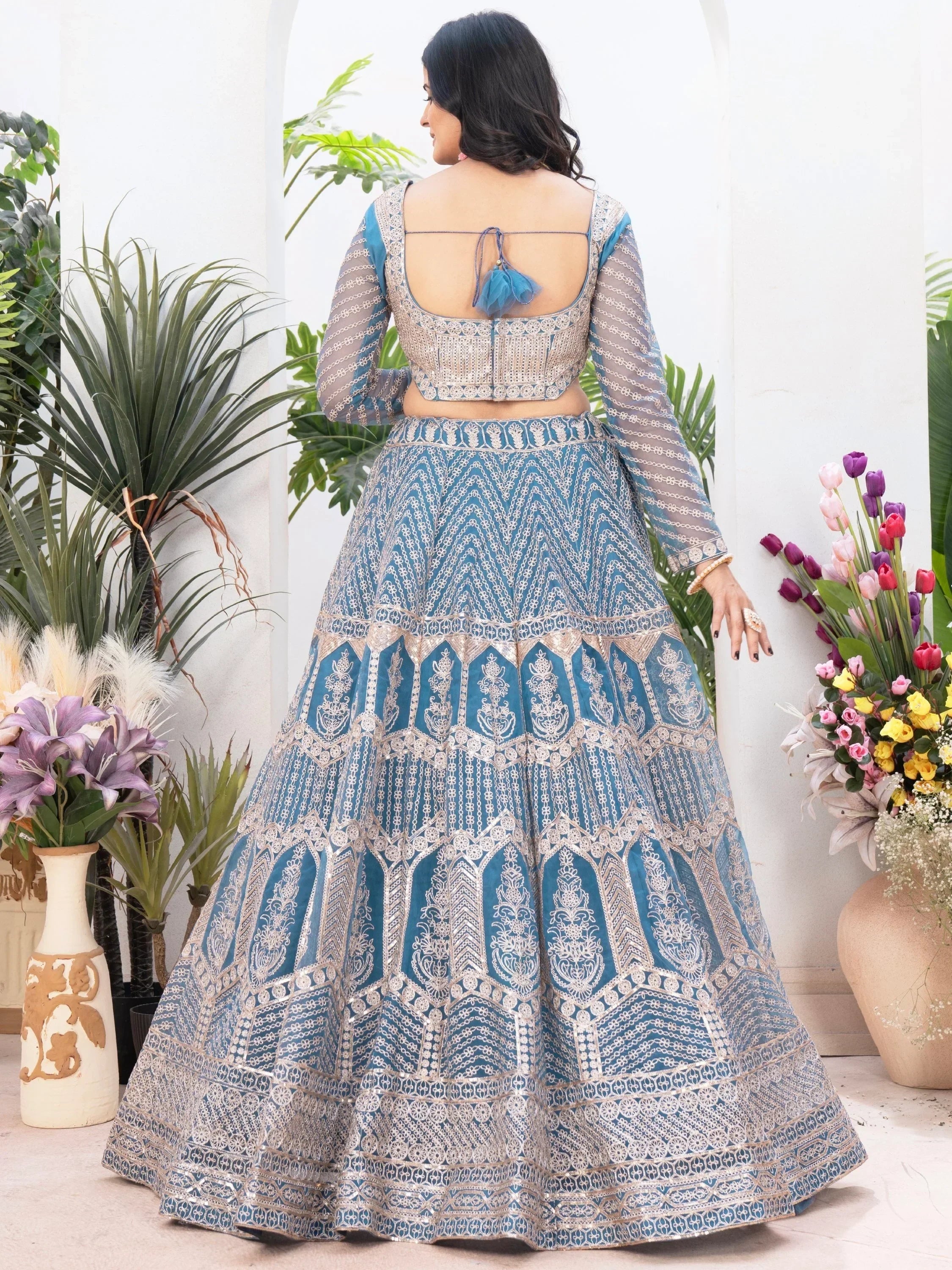 Precious Sky-Blue Sequins Net Engagement Wear Lehenga Choli With Dupatta