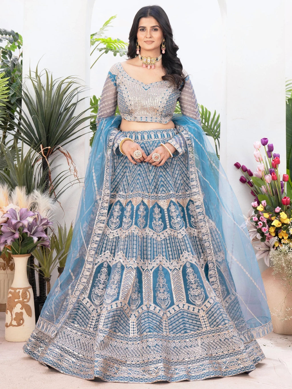 Precious Sky-Blue Sequins Net Engagement Wear Lehenga Choli With Dupatta