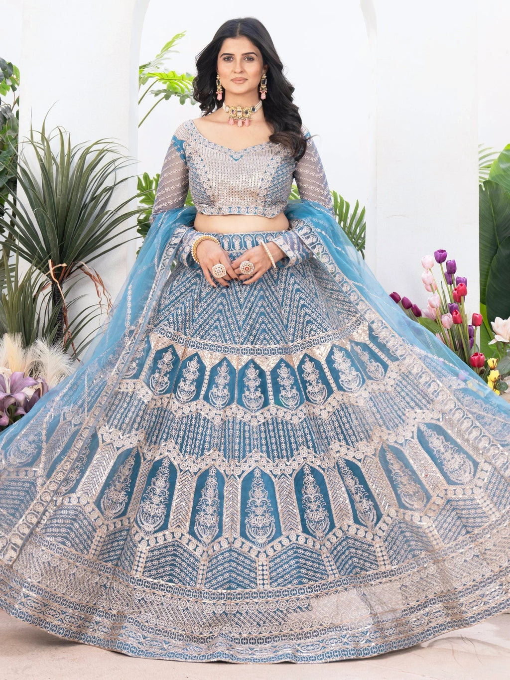 Precious Sky-Blue Sequins Net Engagement Wear Lehenga Choli With Dupatta